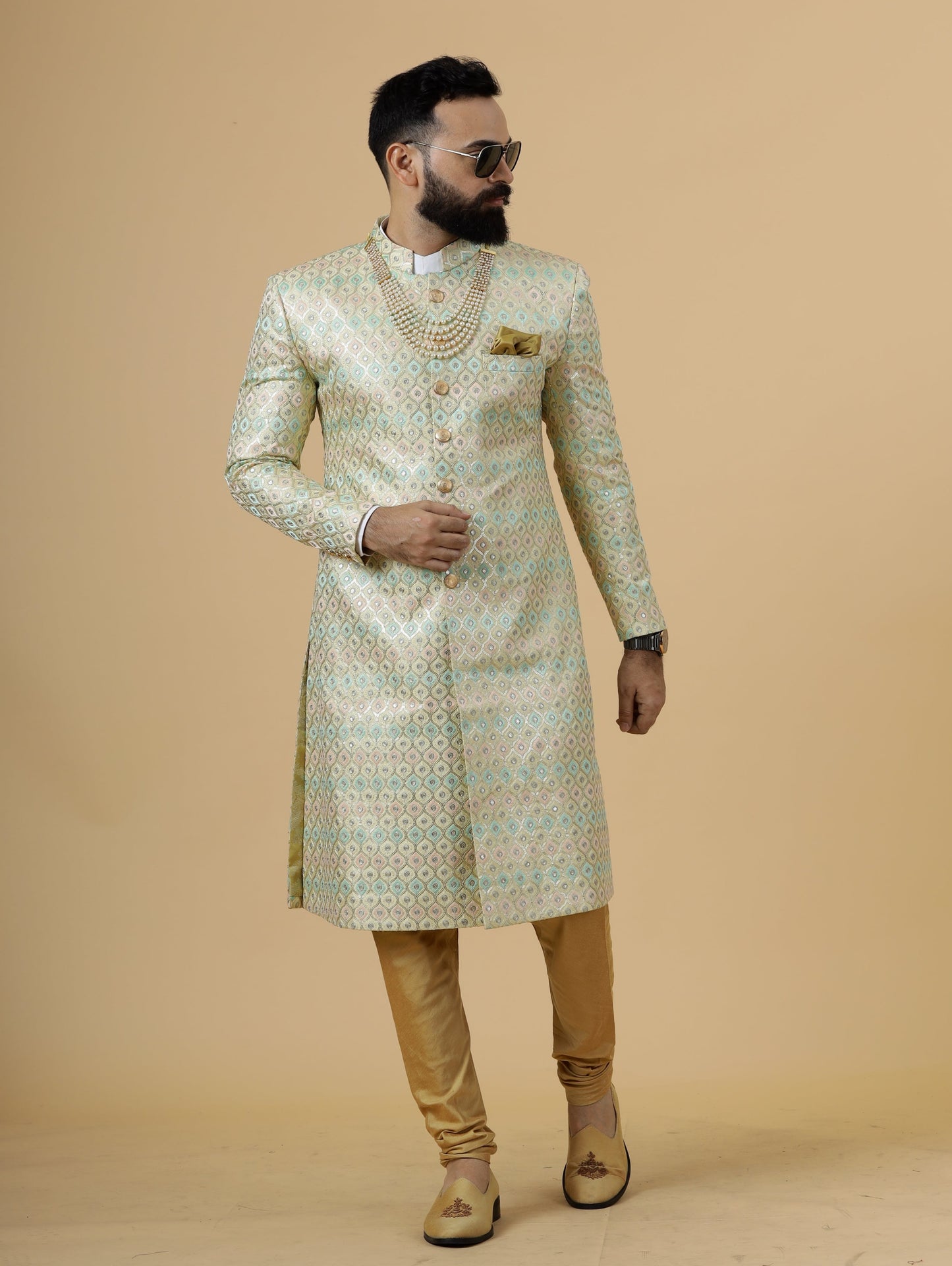 Traditional Lemon-Yellow Sequin Embroidered Sherwani for Men | Father Son Combo | Perfect Groom Wear