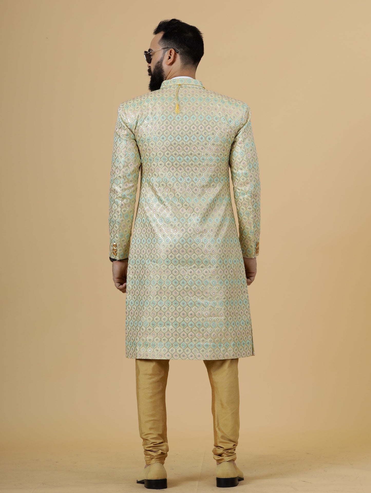 Traditional Lemon-Yellow Sequin Embroidered Sherwani for Men | Father Son Combo | Perfect Groom Wear