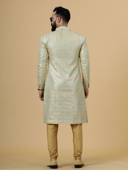 Traditional Lemon-Yellow Sequin Embroidered Sherwani for Men | Father Son Combo | Perfect Groom Wear