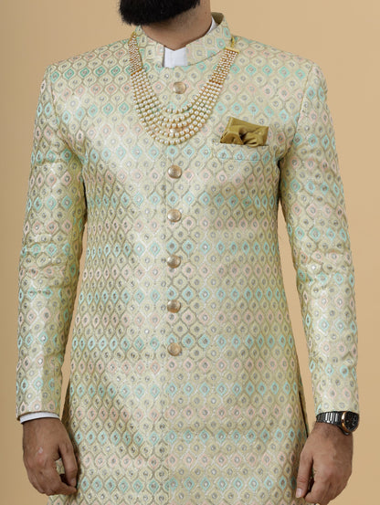 Traditional Lemon-Yellow Sequin Embroidered Sherwani for Men | Father Son Combo | Perfect Groom Wear