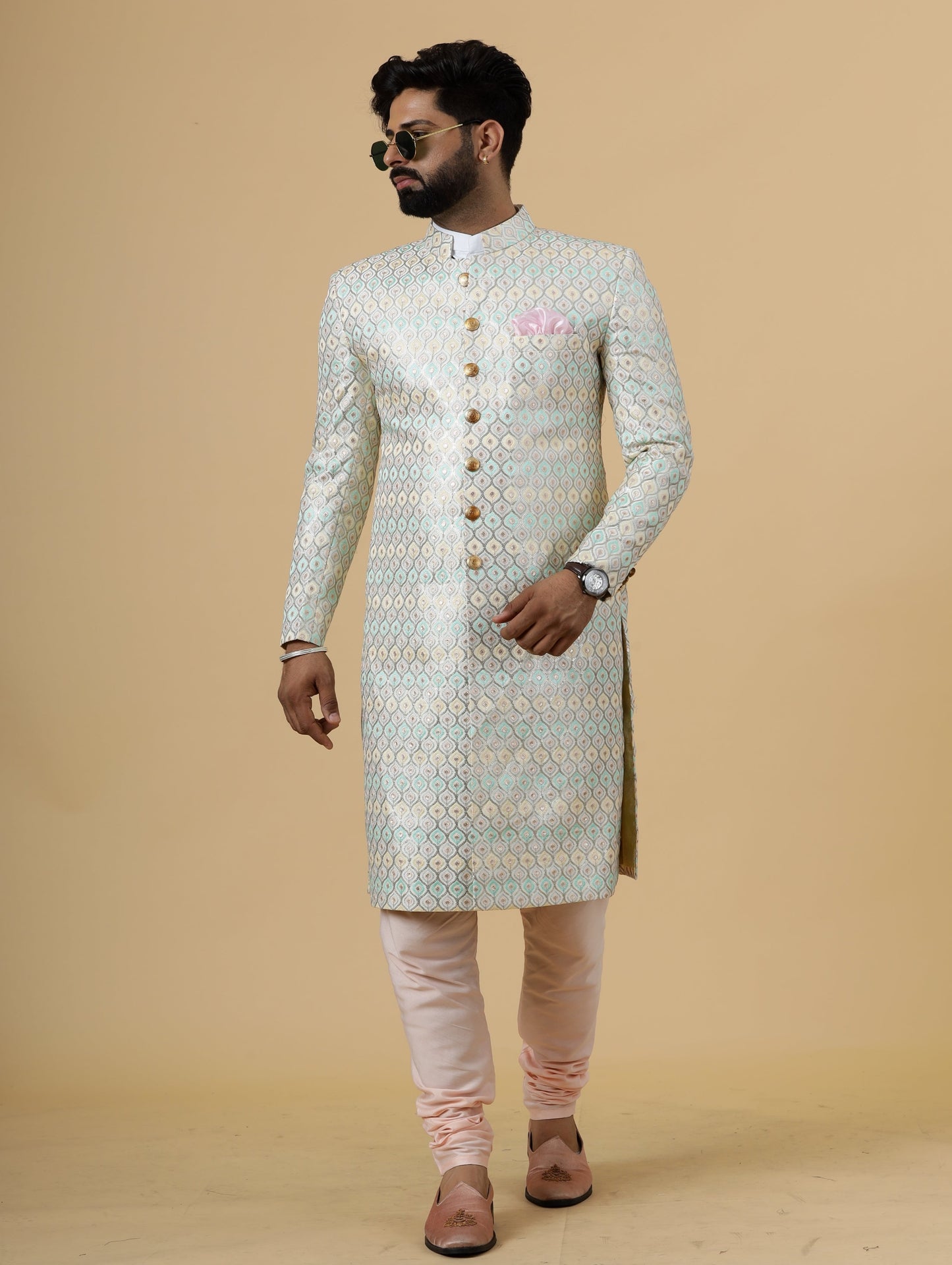 Traditional Ivory Sequin Embroidered Sherwani for Men | Father Son Combo | Perfect Groom Wear