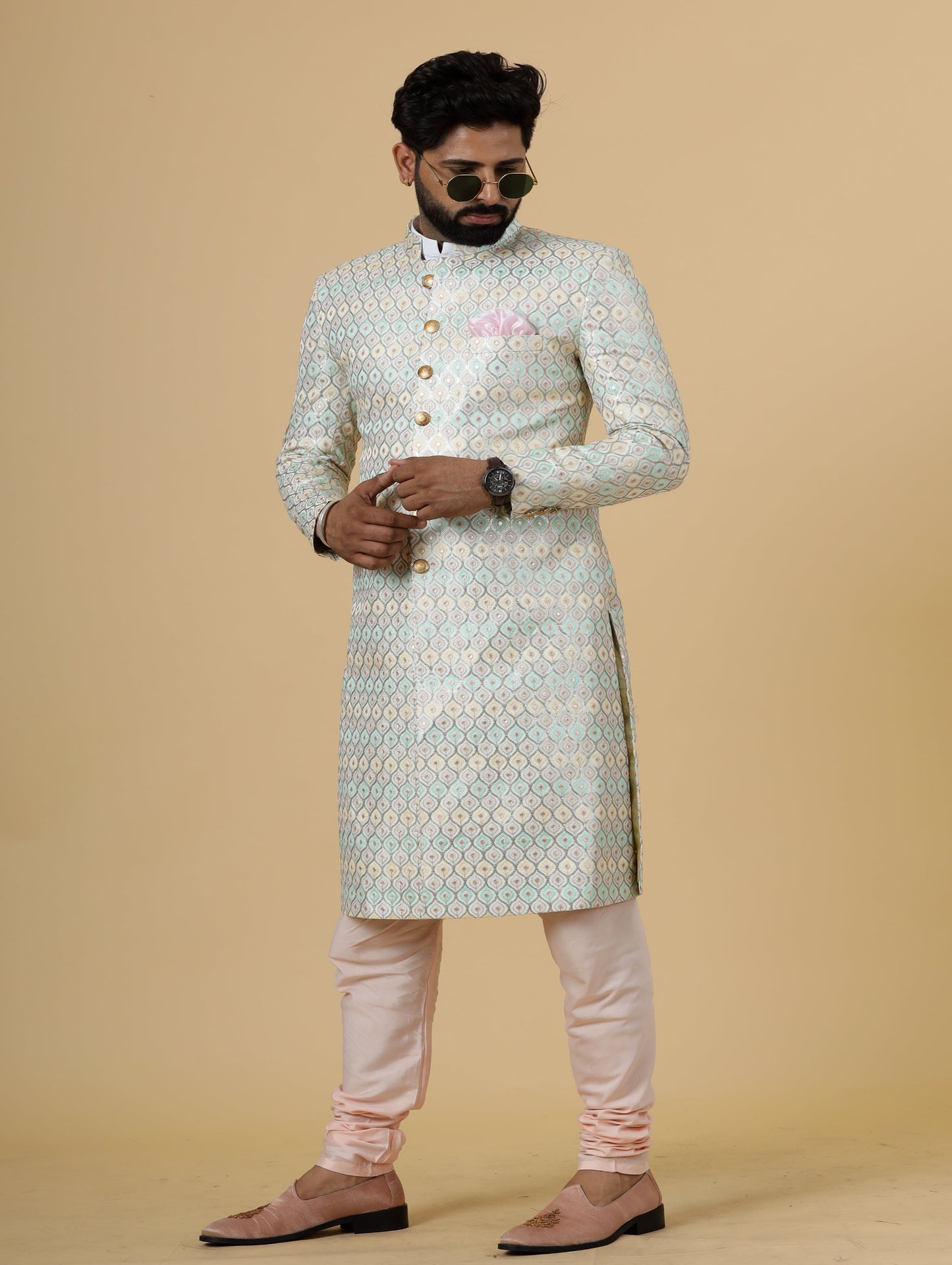 Traditional Ivory Sequin Embroidered Sherwani for Men | Father Son Combo | Perfect Groom Wear