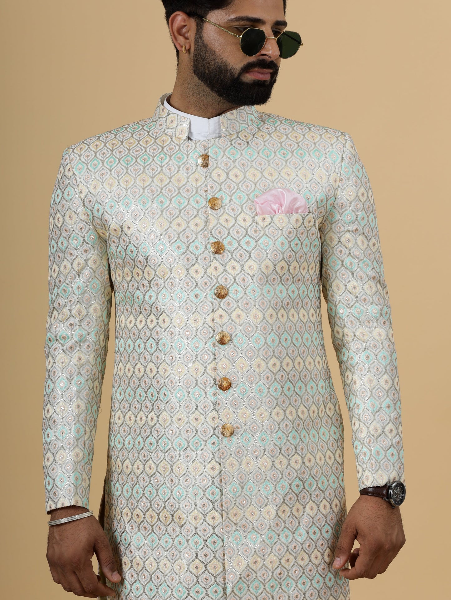 Traditional Ivory Sequin Embroidered Sherwani for Men | Father Son Combo | Perfect Groom Wear