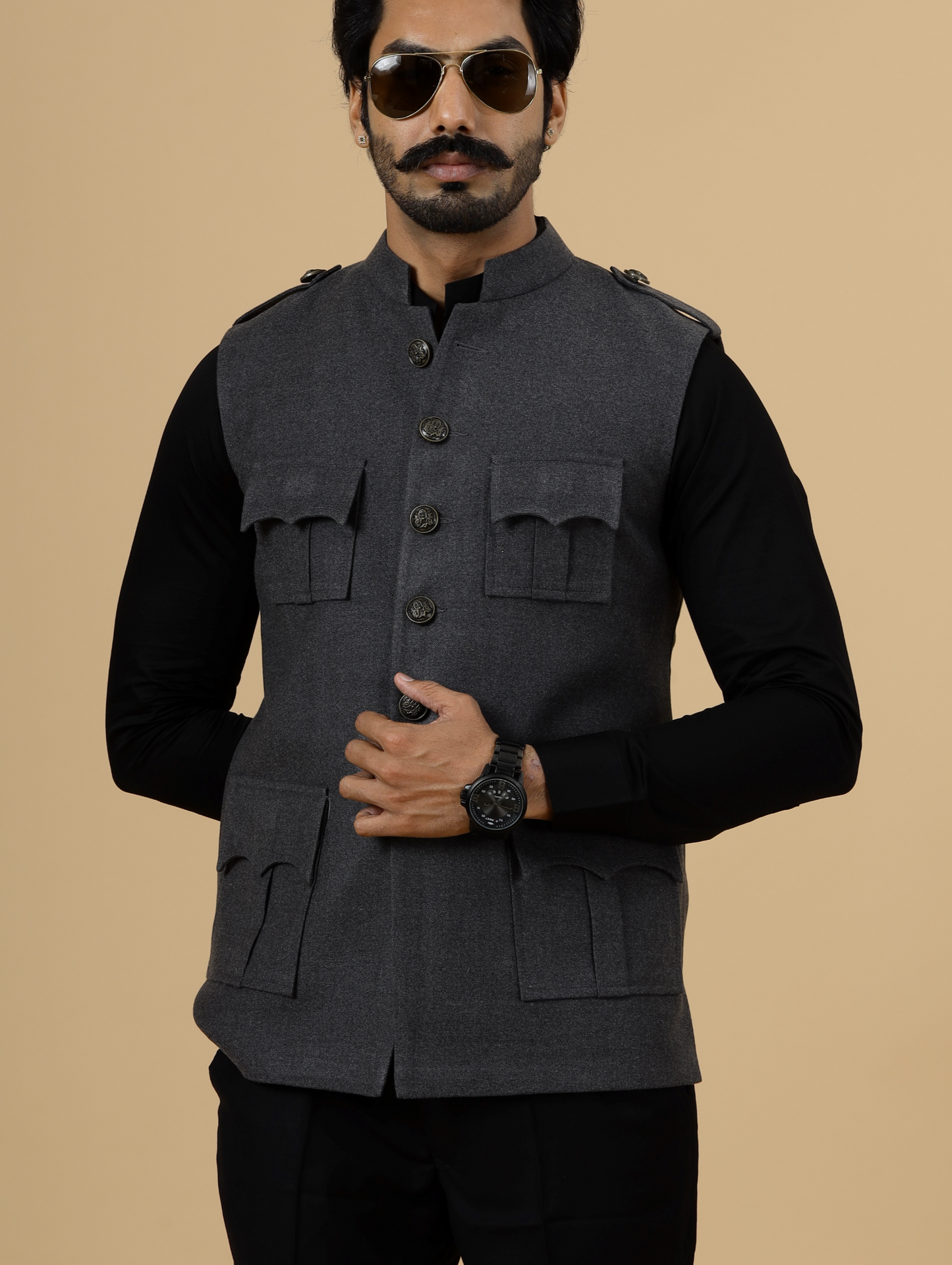 Dark Grey Tweed Semi-Hunting Rajputana Jacket