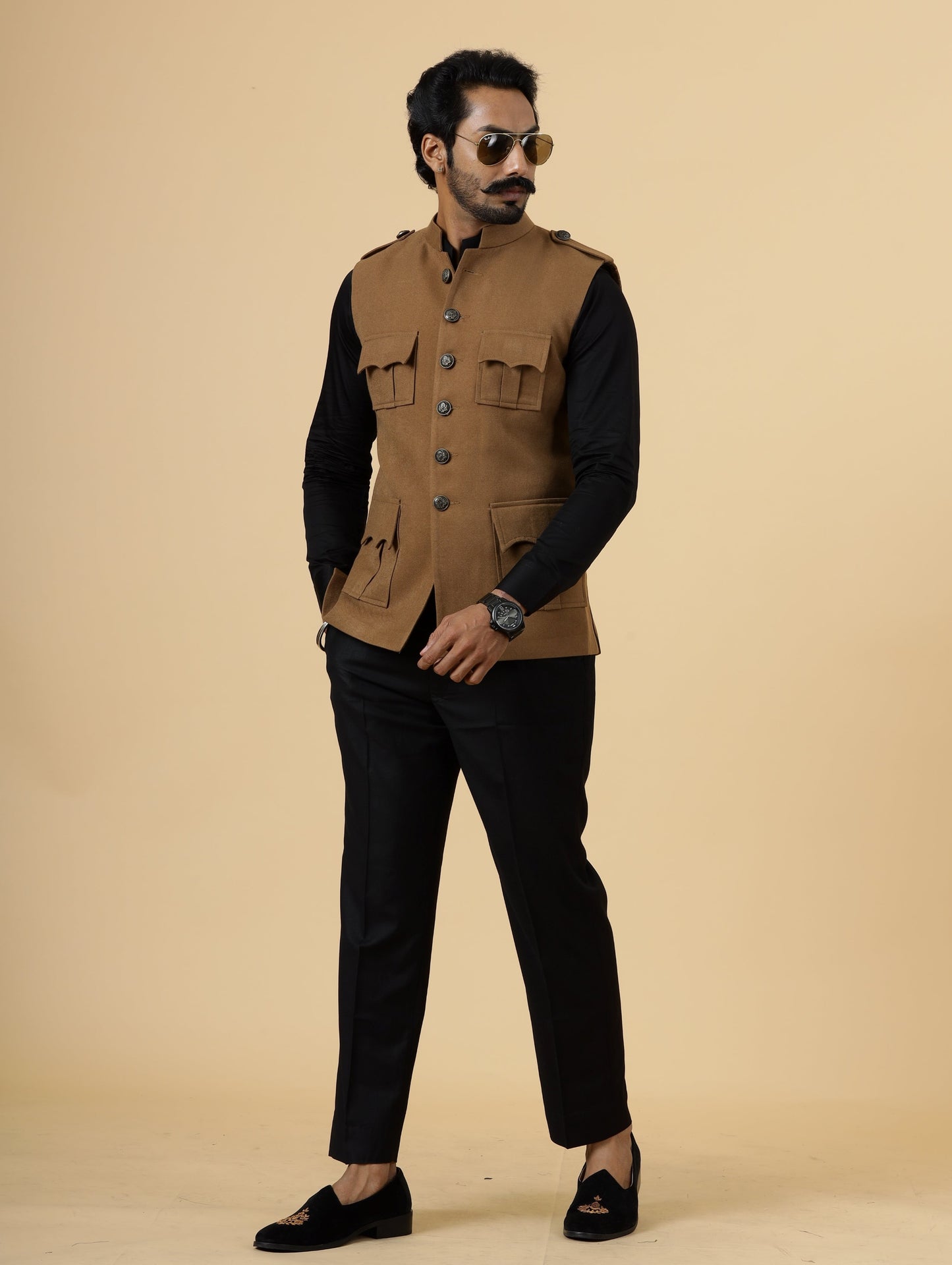 Camel Brown Tweed Semi -Hunting Rajputana Jacket