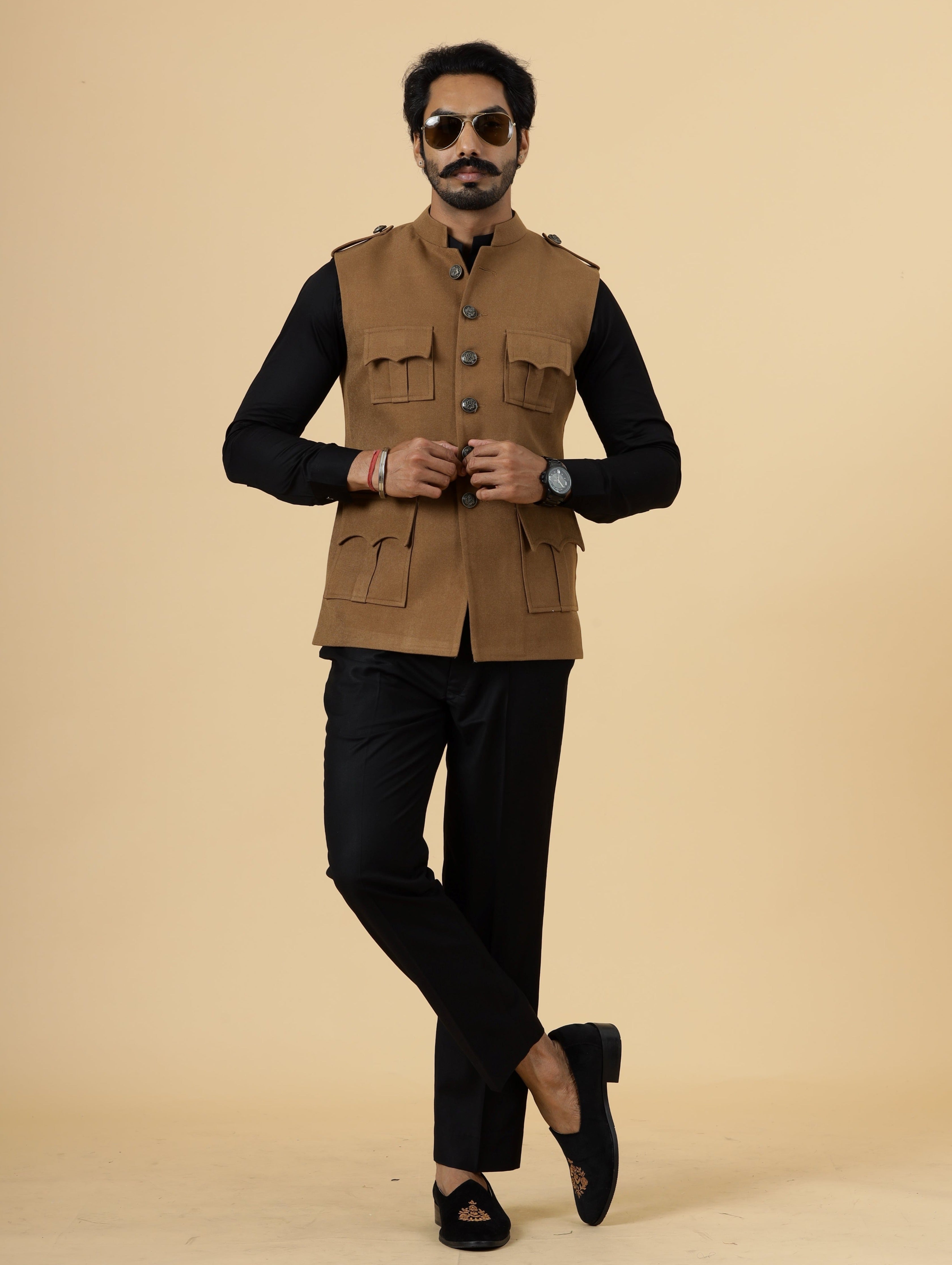 Camel Brown Tweed Semi Hunting Rajputana Jacket