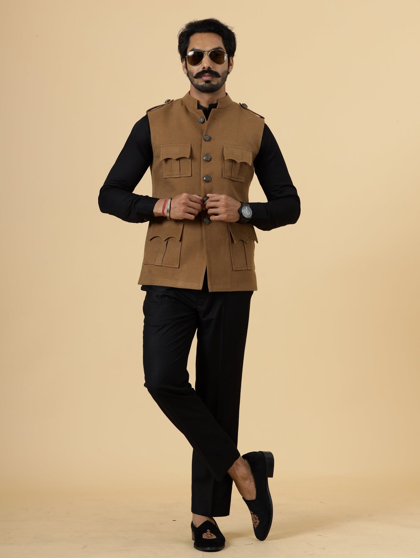 Camel Brown Tweed Semi -Hunting Rajputana Jacket