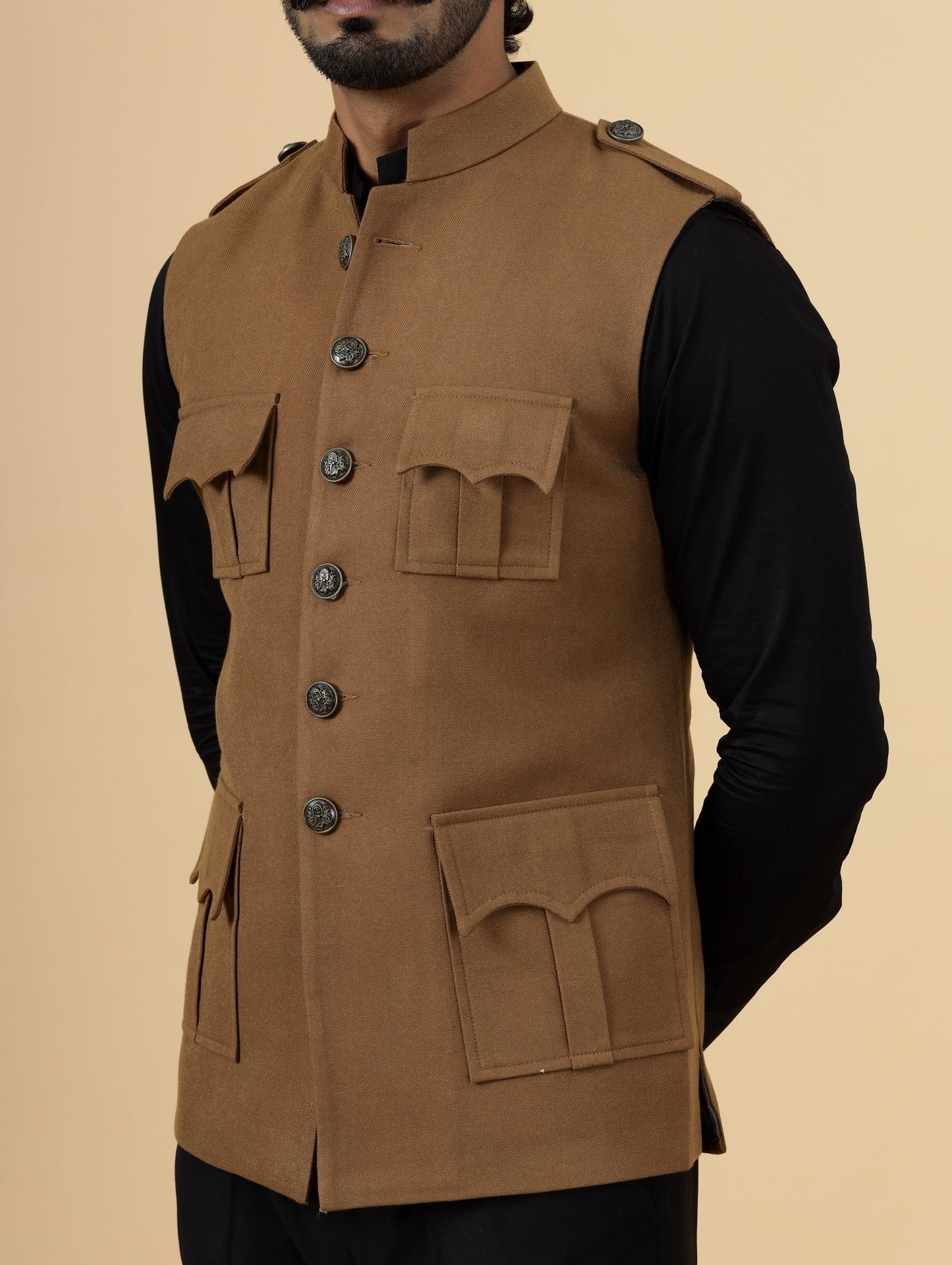 Camel Brown Tweed Semi -Hunting Rajputana Jacket