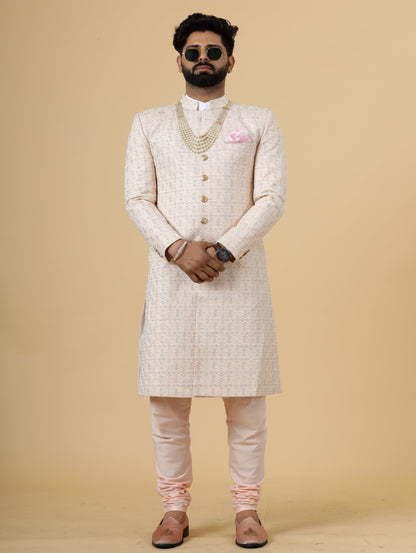 Alluring Peach thread Embroidered Sherwani for Men | Father Son Combo | Perfect Groom Wear