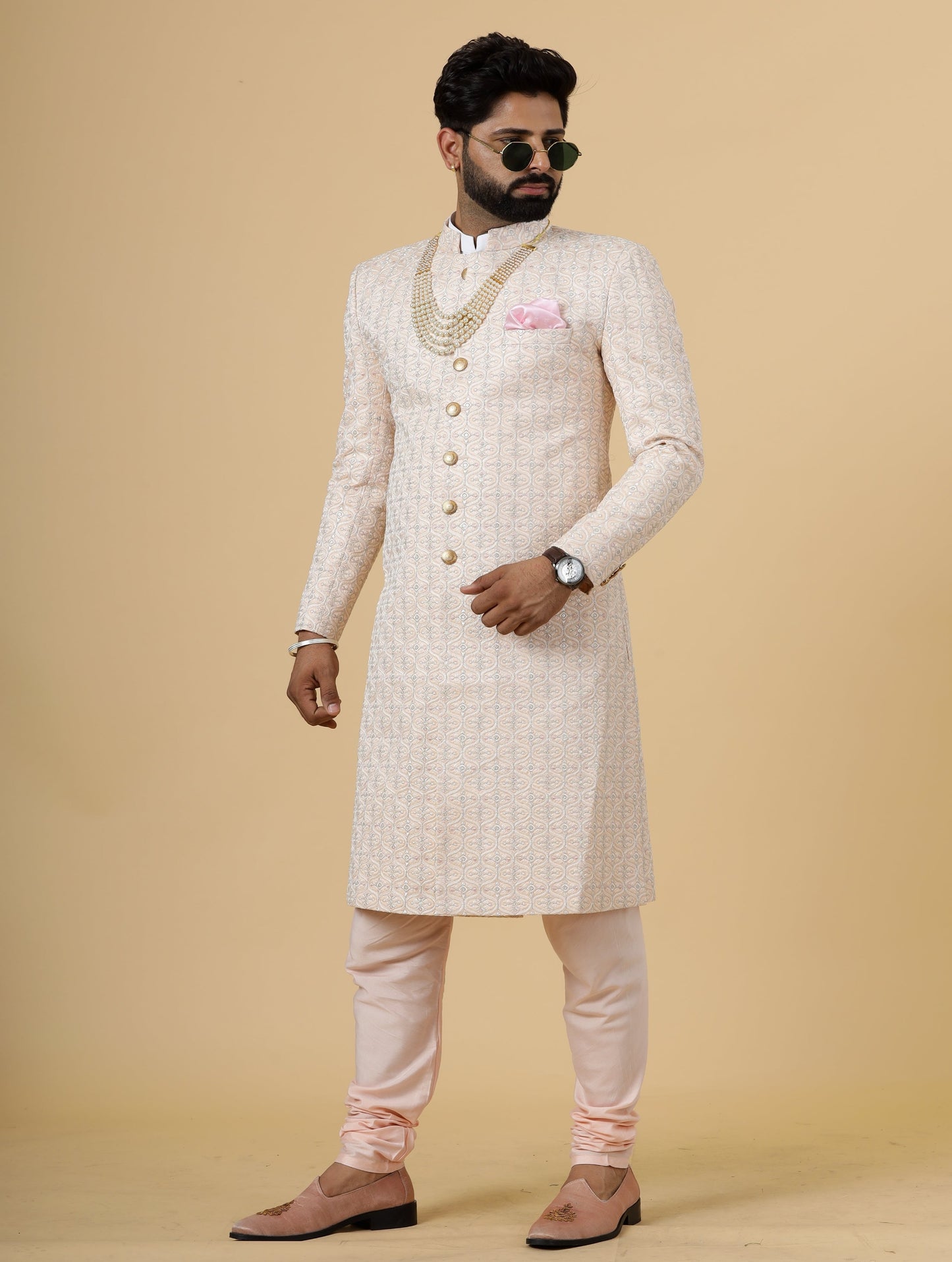 Alluring Peach thread Embroidered Sherwani for Men | Father Son Combo | Perfect Groom Wear