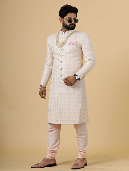 Alluring Peach thread Embroidered Sherwani for Men | Father Son Combo | Perfect Groom Wear