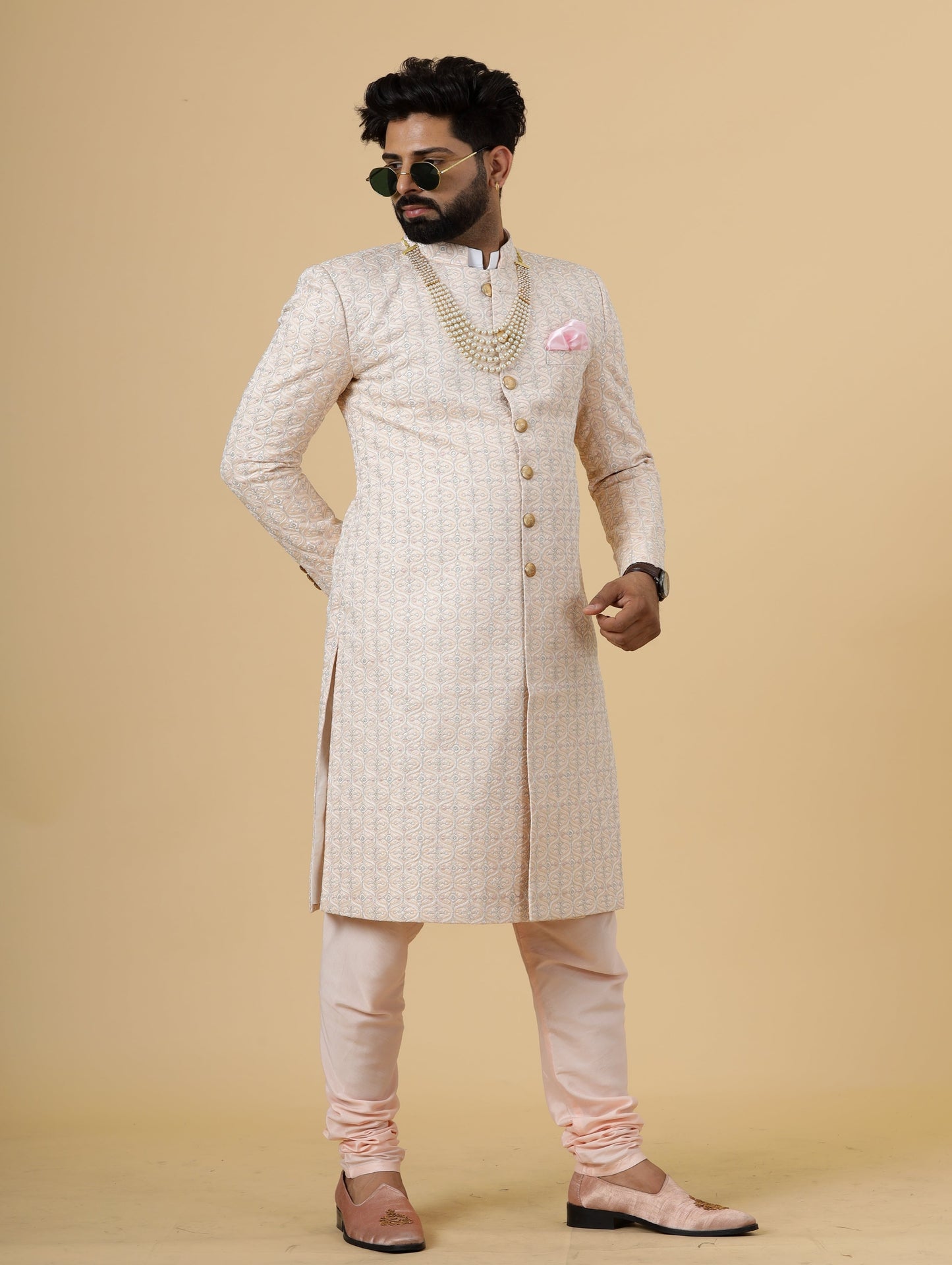 Alluring Peach thread Embroidered Sherwani for Men | Father Son Combo | Perfect Groom Wear