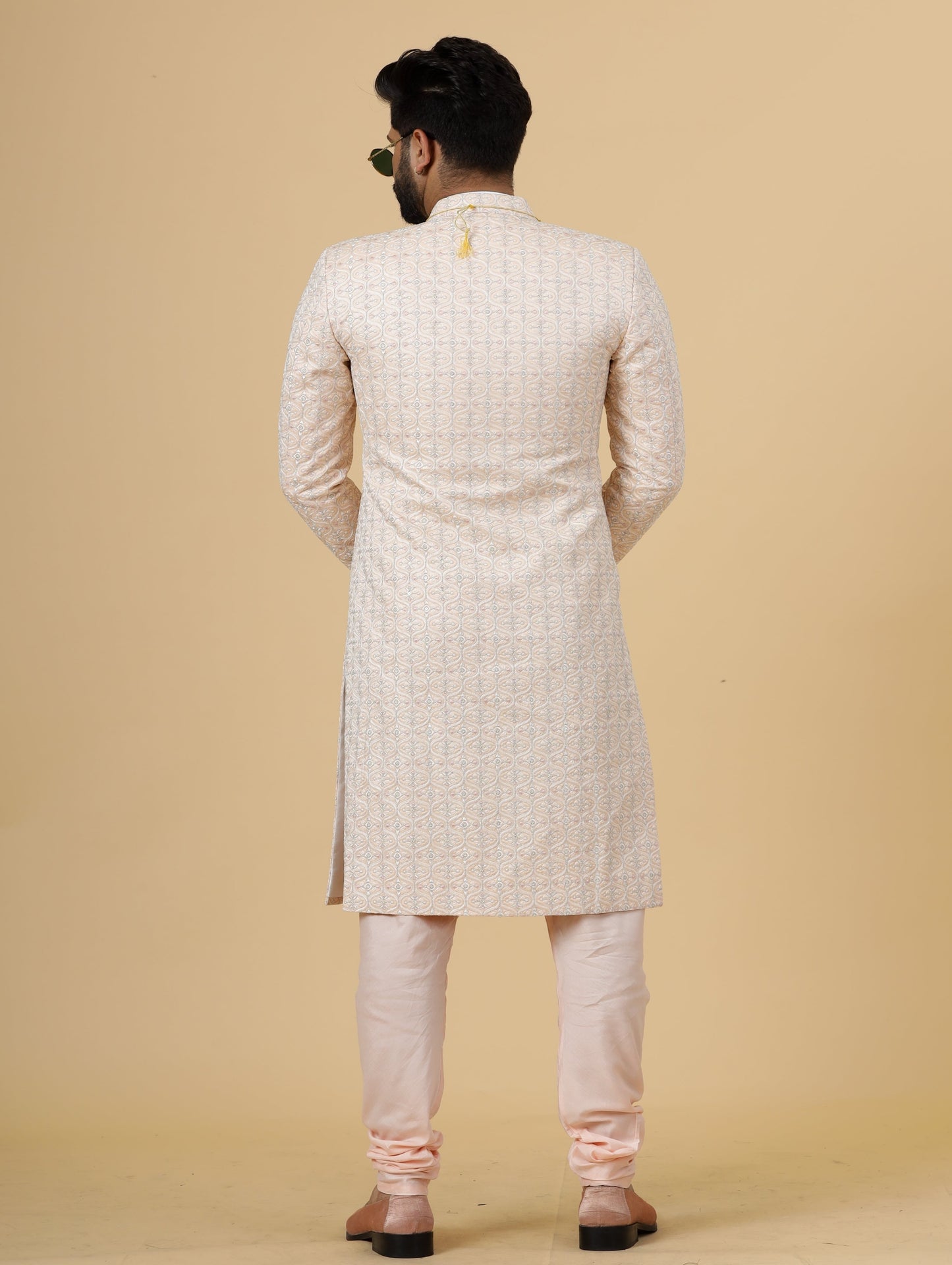 Alluring Peach thread Embroidered Sherwani for Men | Father Son Combo | Perfect Groom Wear