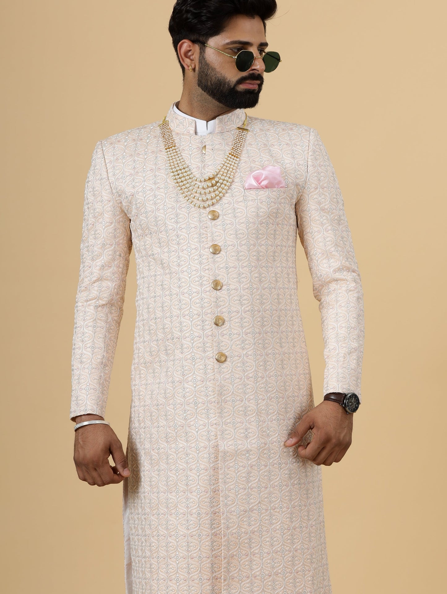 Alluring Peach thread Embroidered Sherwani for Men | Father Son Combo | Perfect Groom Wear