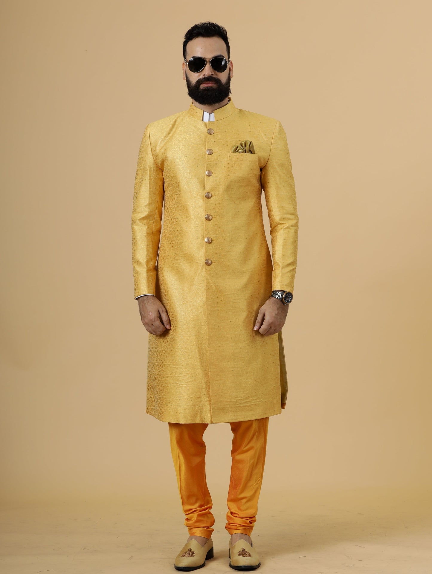 Stunning Yellow Banarasi Brocade Achkan for Men | Father Son Combo | Perfect for Grooms