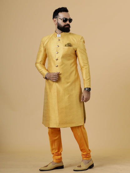 Stunning Yellow Banarasi Brocade Achkan for Men | Father Son Combo | Perfect for Grooms