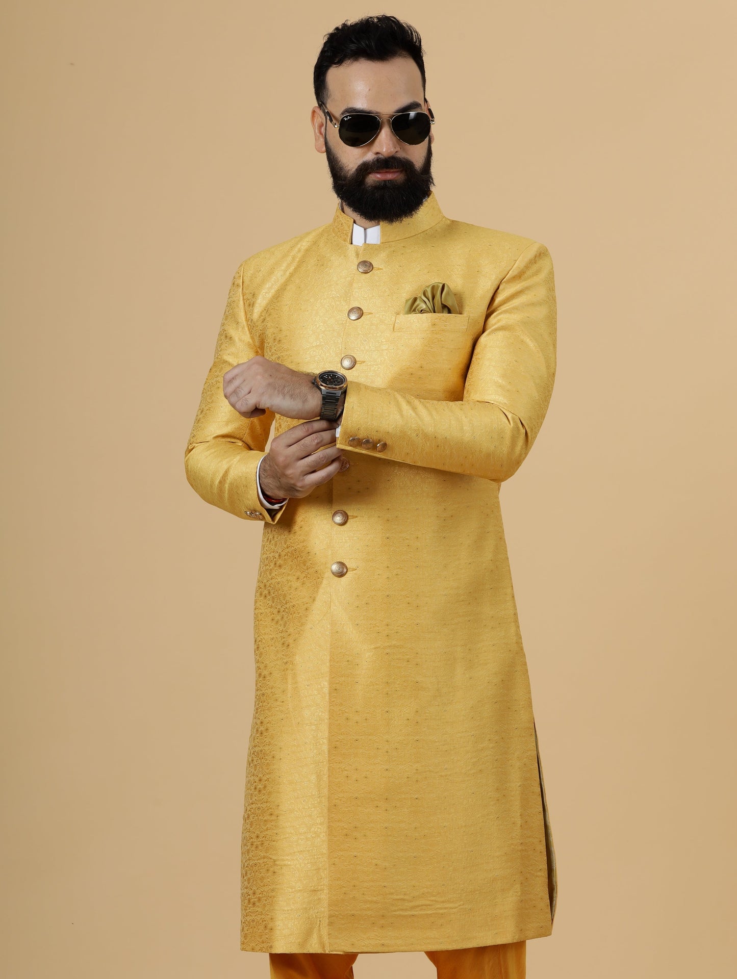 Stunning Yellow Banarasi Brocade Achkan for Men | Father Son Combo | Perfect for Grooms