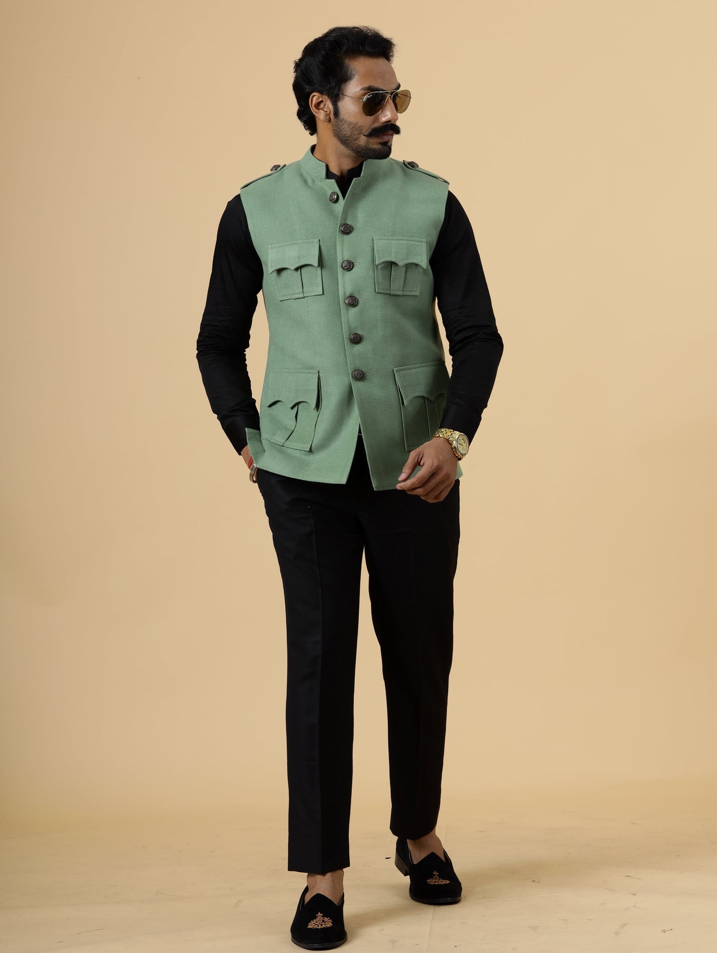 Pastel Green Tweed Semi-Hunting Rajputana Jacket