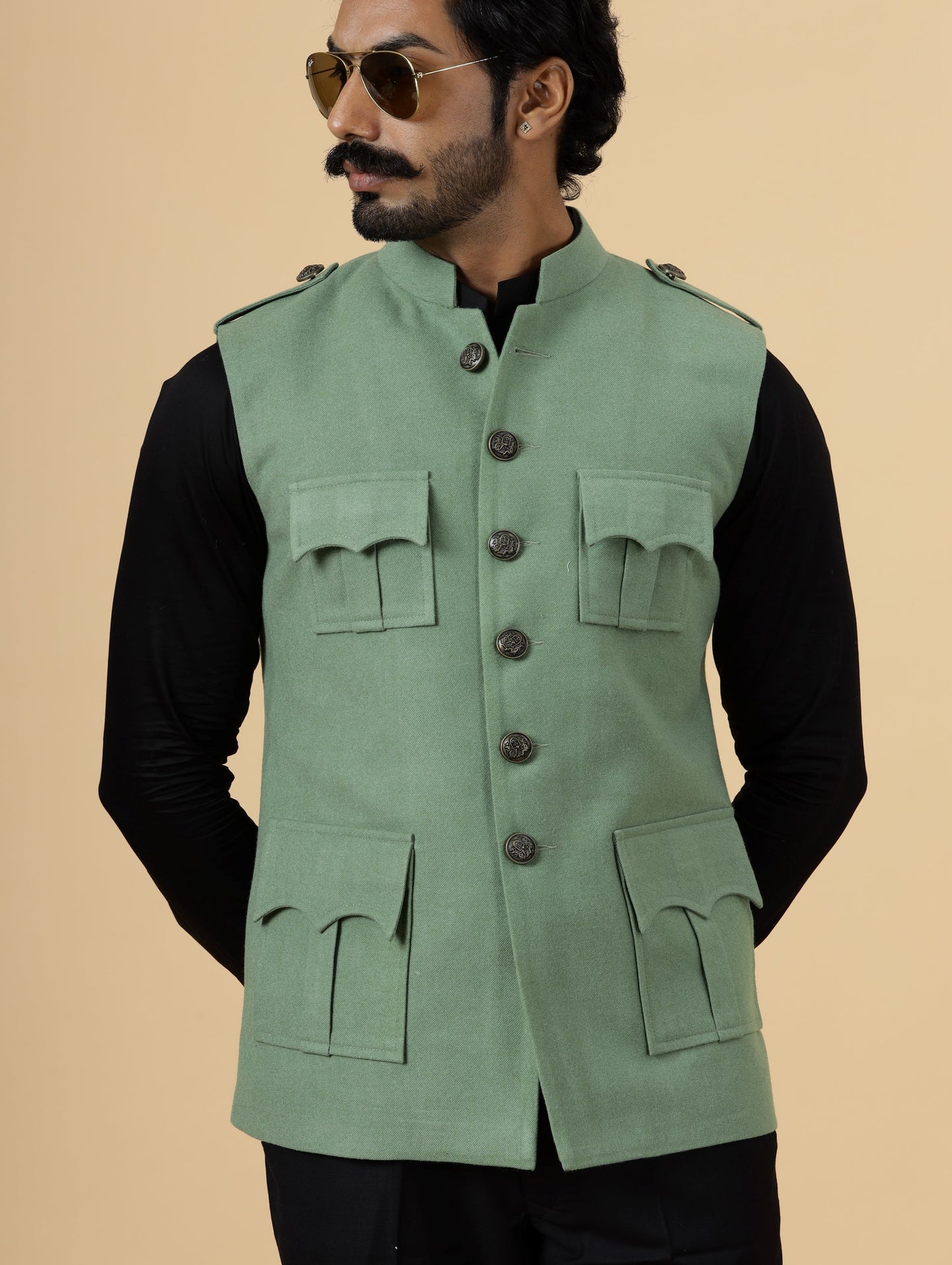 Pastel Green Tweed Semi-Hunting Rajputana Jacket