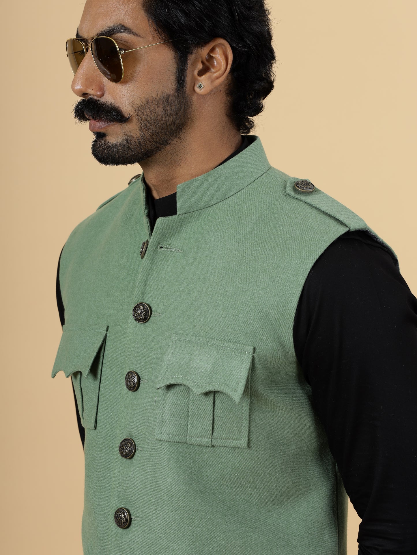 Pastel Green Tweed Semi-Hunting Rajputana Jacket