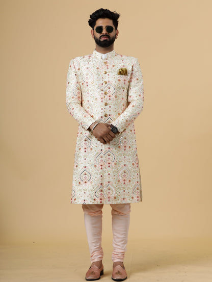 Alluring Beige Floral thread Embroidered Sherwani for Men | Father Son Combo | Perfect Groom Wear