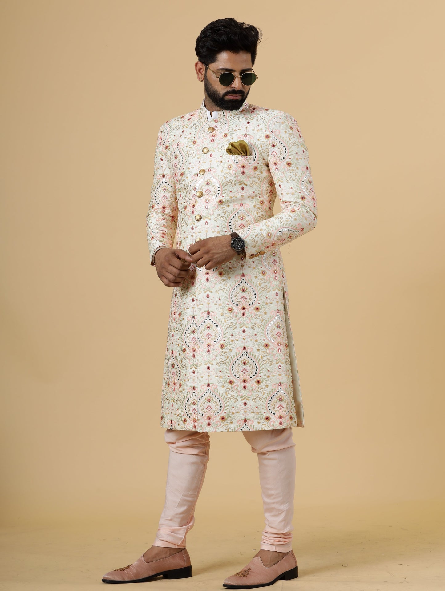 Alluring Beige Floral thread Embroidered Sherwani for Men | Father Son Combo | Perfect Groom Wear