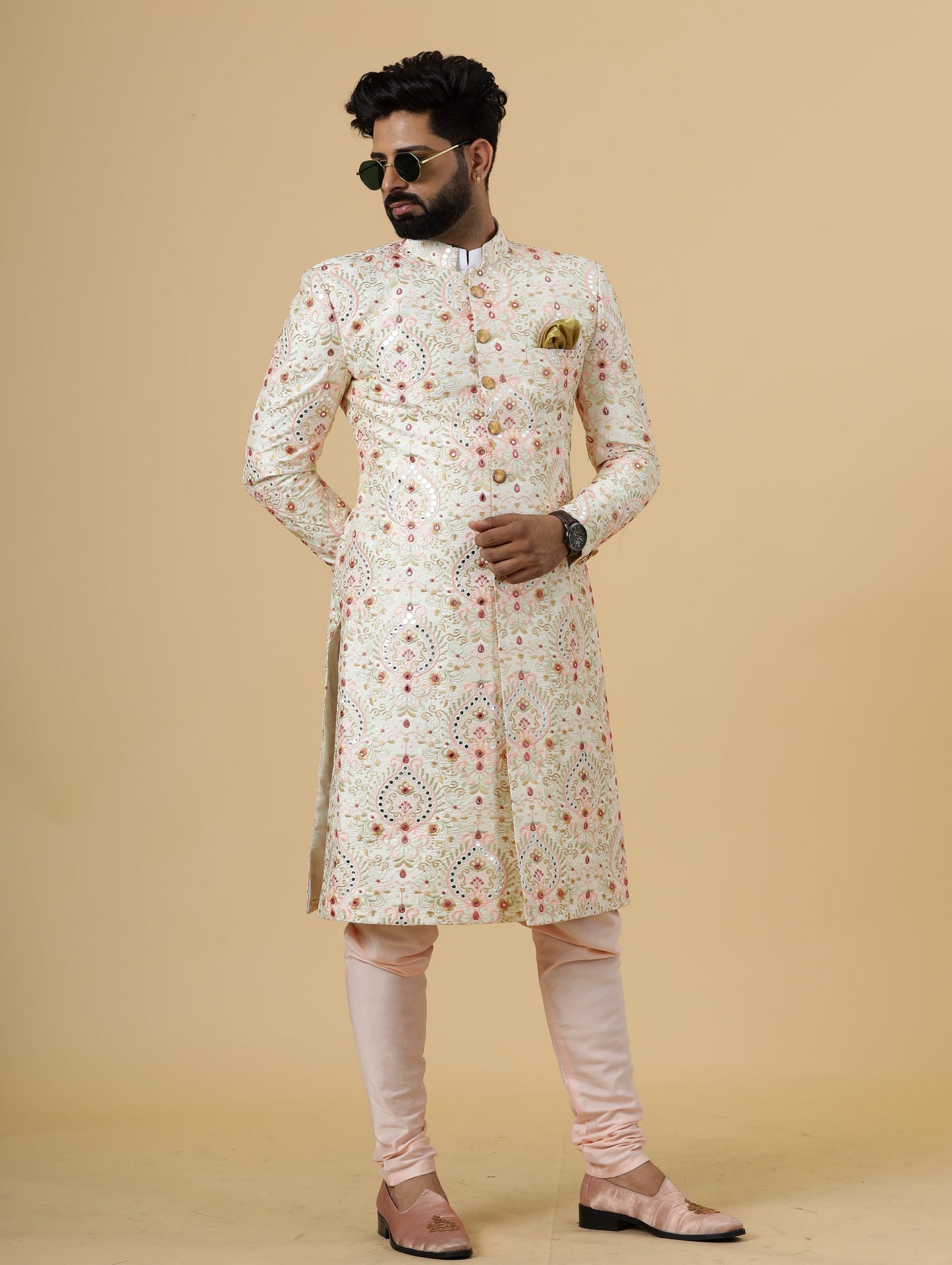 Alluring Beige Floral thread Embroidered Sherwani for Men | Father Son Combo | Perfect Groom Wear