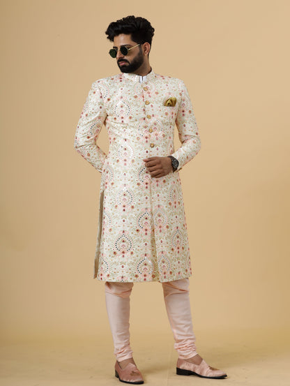 Alluring Beige Floral thread Embroidered Sherwani for Men | Father Son Combo | Perfect Groom Wear