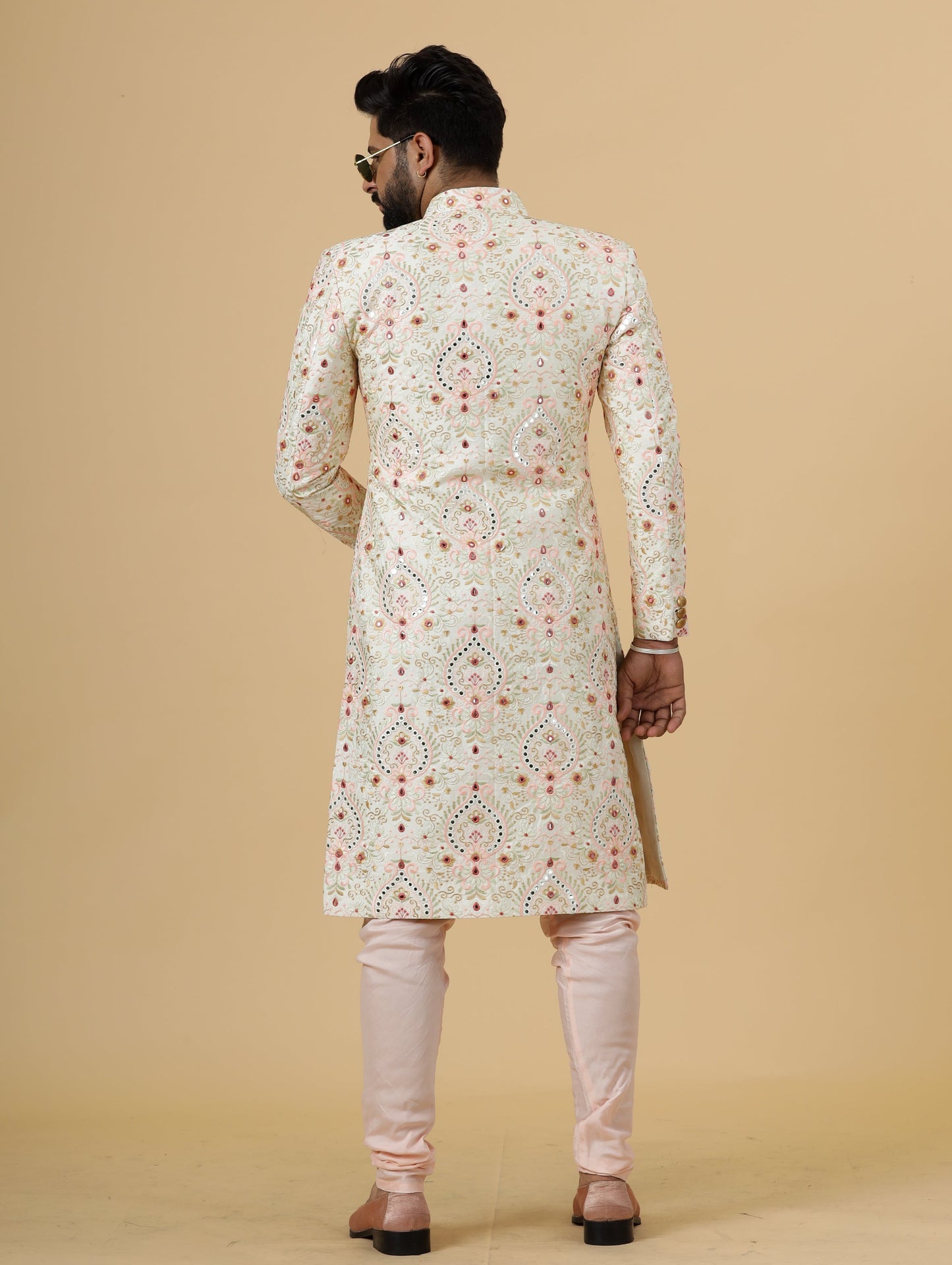 Alluring Beige Floral thread Embroidered Sherwani for Men | Father Son Combo | Perfect Groom Wear