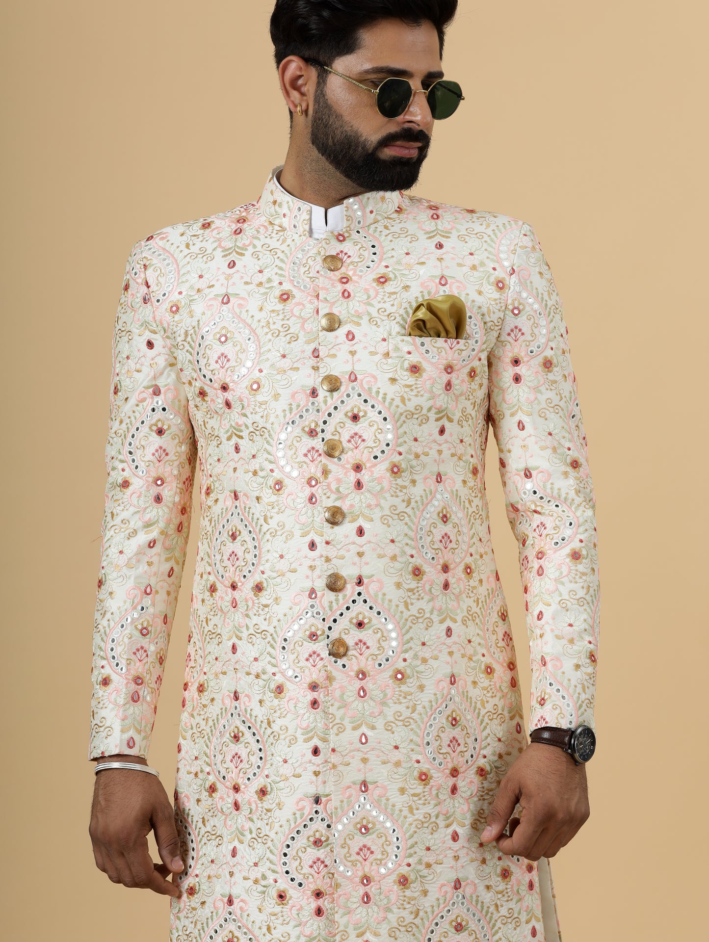 Alluring Beige Floral thread Embroidered Sherwani for Men | Father Son Combo | Perfect Groom Wear