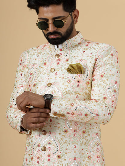 Alluring Beige Floral thread Embroidered Sherwani for Men | Father Son Combo | Perfect Groom Wear