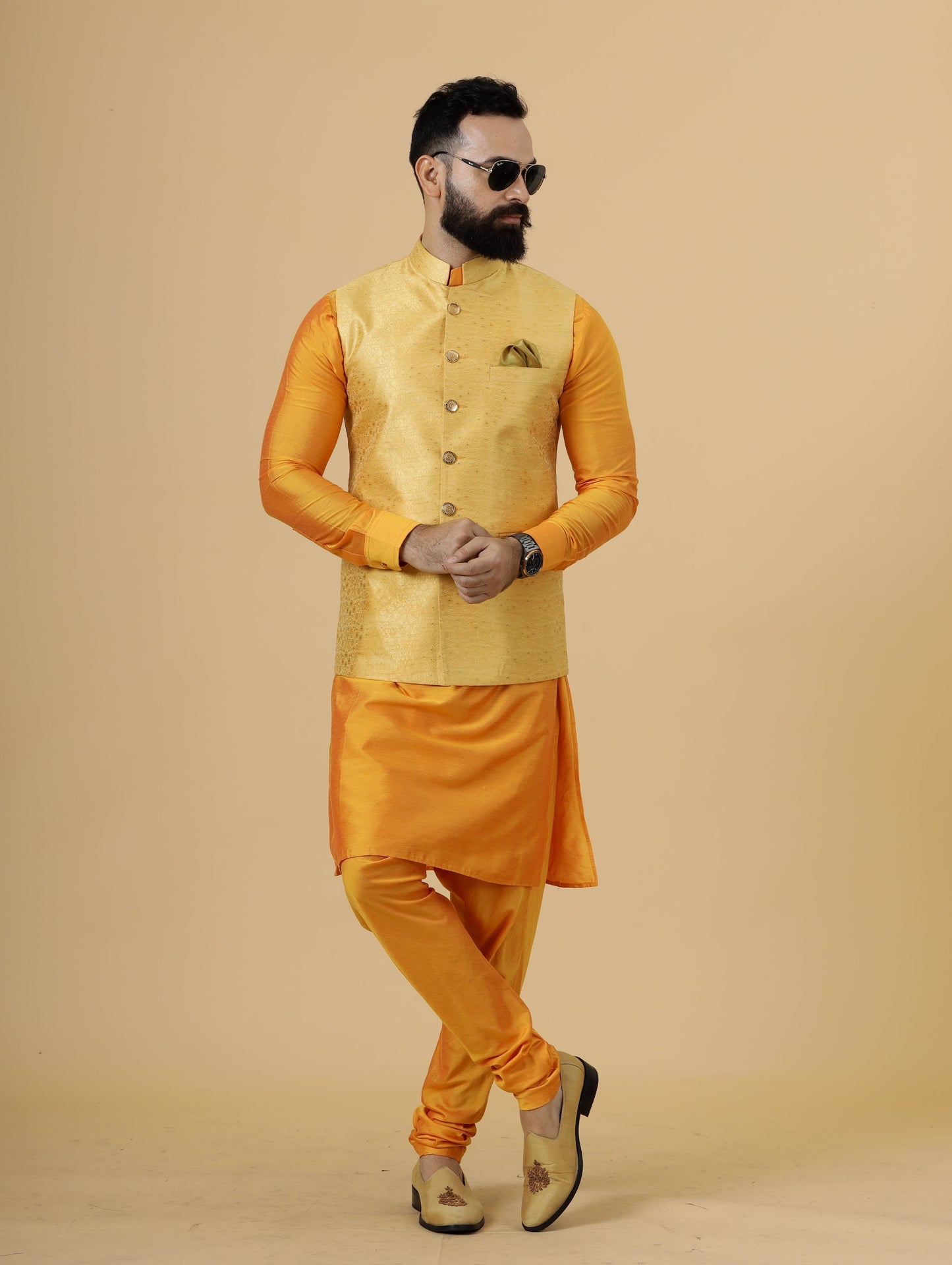 Classic Yellow Brocade Silk Half Jodhpuri Jacket with Marigold Kurta-Pajama for Men