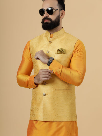 Classic Yellow Brocade Silk Half Jodhpuri Jacket with Marigold Kurta-Pajama for Men