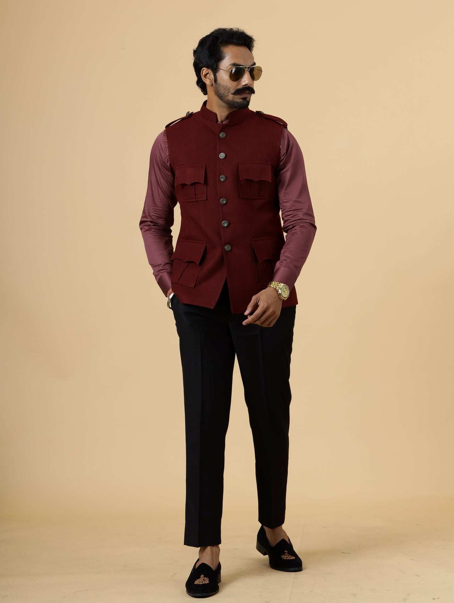 Maroon Tweed Semi-Hunting Rajputana Jacket