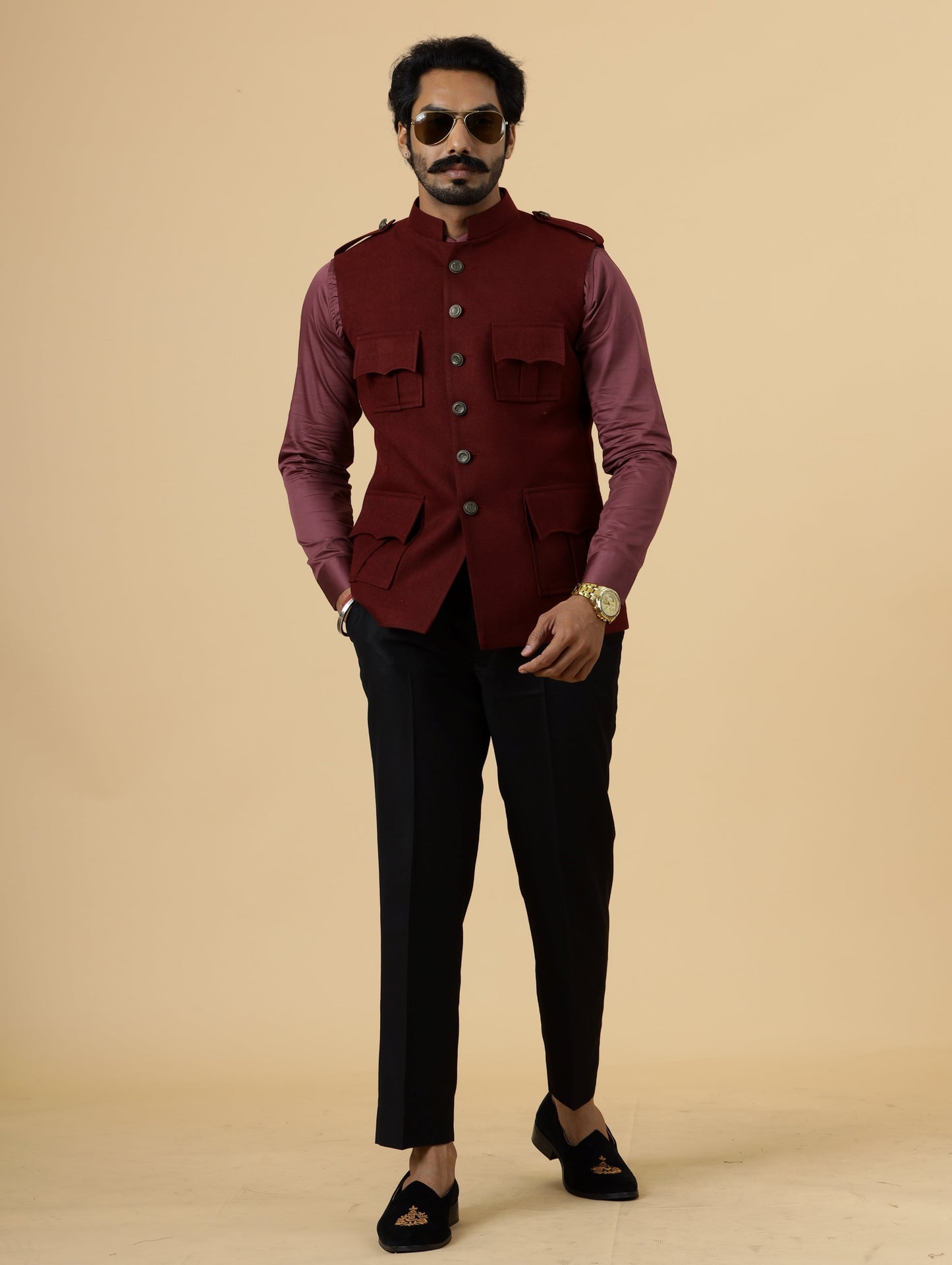 Maroon Tweed Semi-Hunting Rajputana Jacket