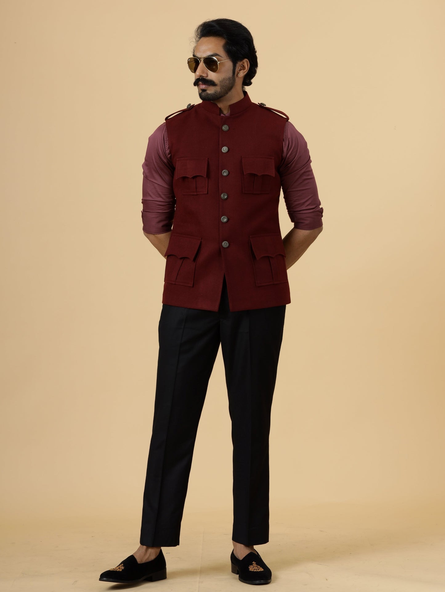 Maroon Tweed Semi-Hunting Rajputana Jacket