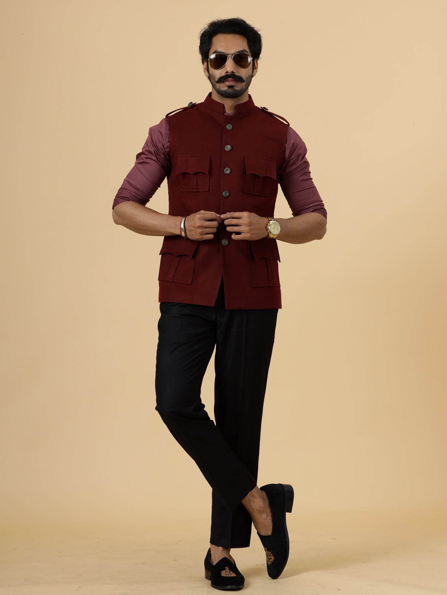 Maroon Tweed Semi-Hunting Rajputana Jacket