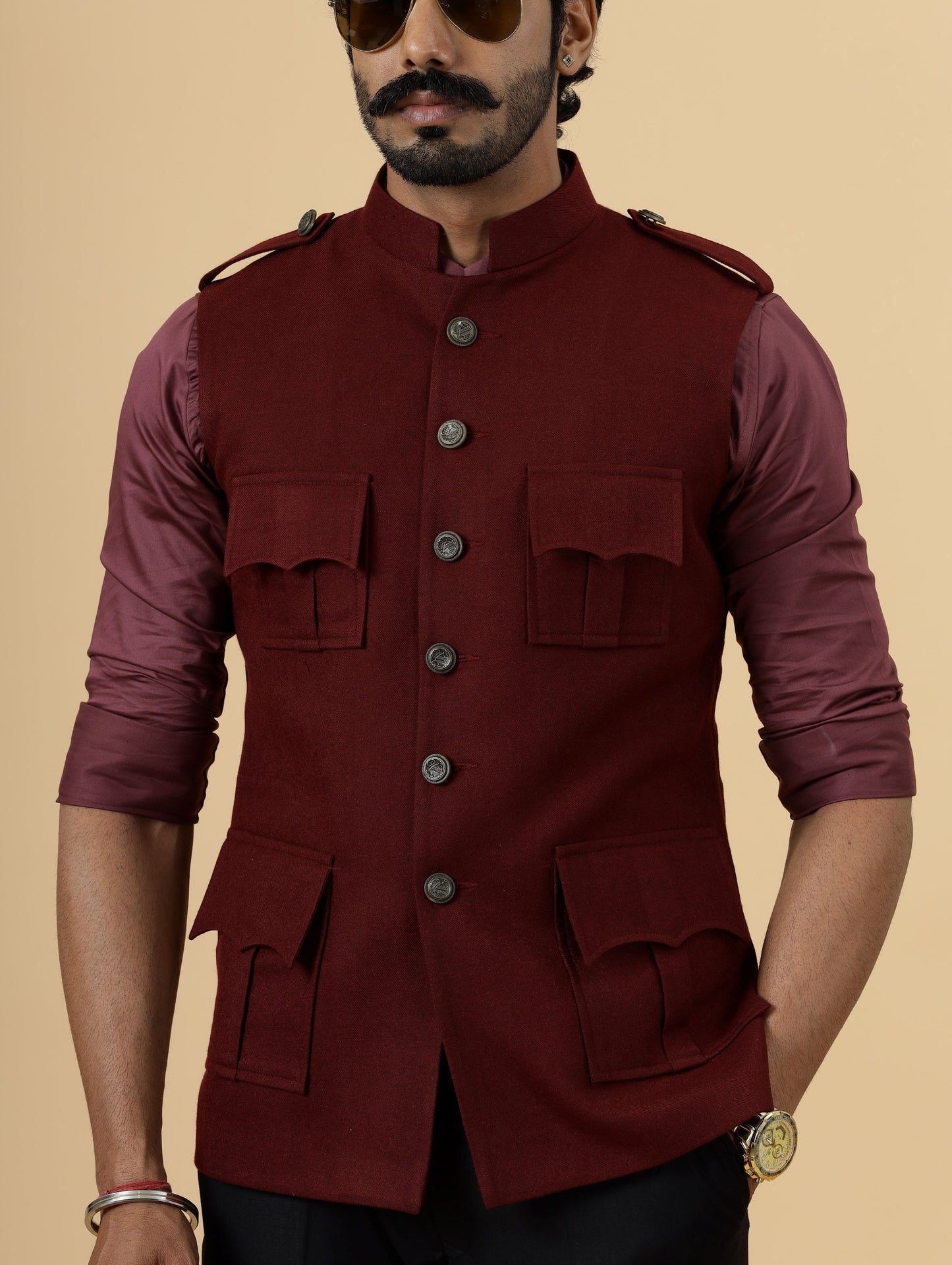 Maroon Tweed Semi-Hunting Rajputana Jacket