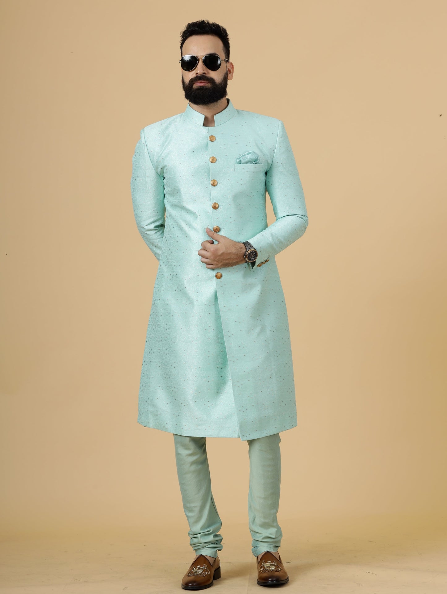 Regal Seafoam Banarasi Brocade Sherwani for Men | Father Son Combo | Perfect Groom Wear