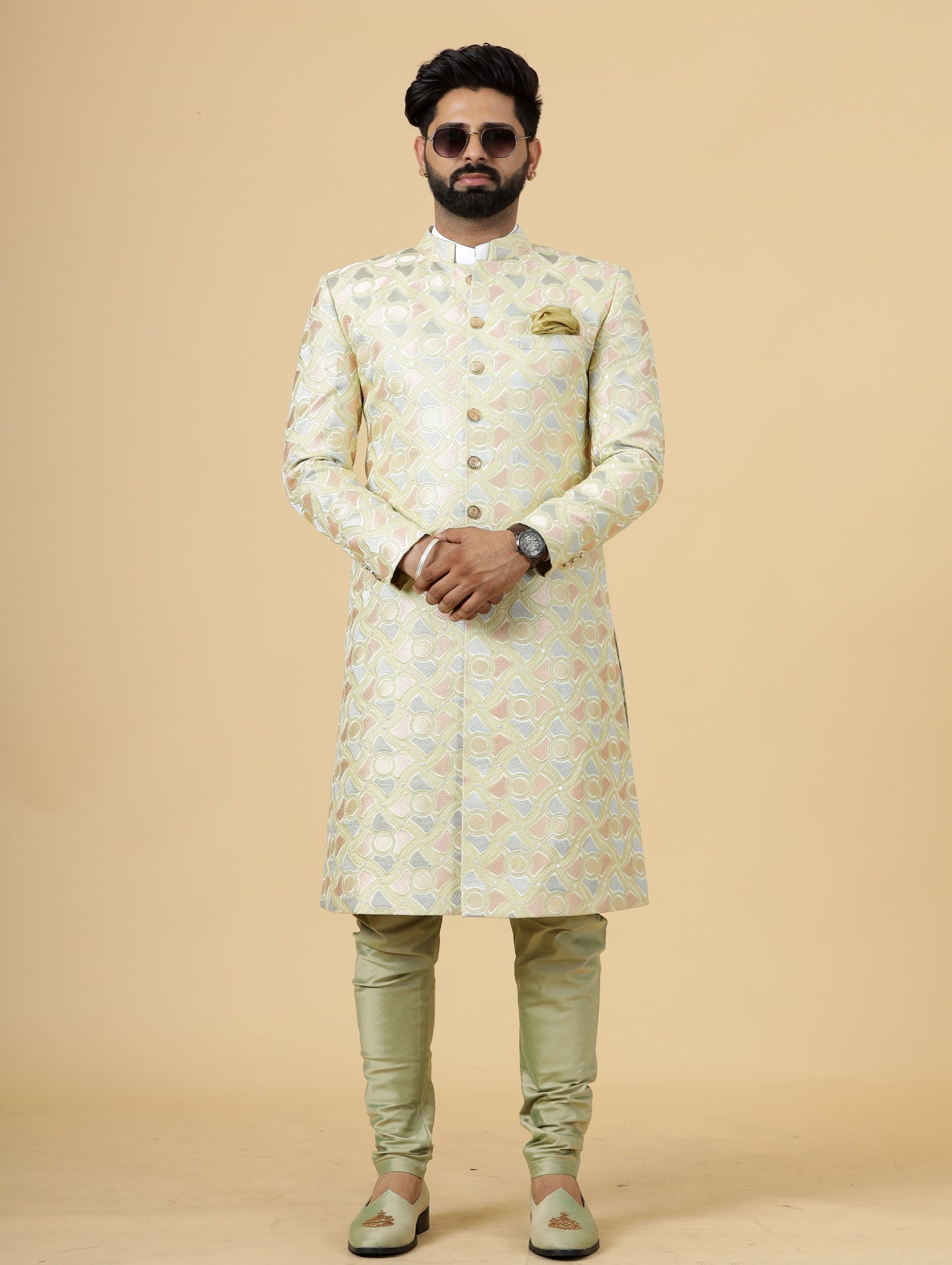 Regal Lemon-Yellow thread Embroidered Sherwani for Men | Father Son Combo | Perfect Groom Wear