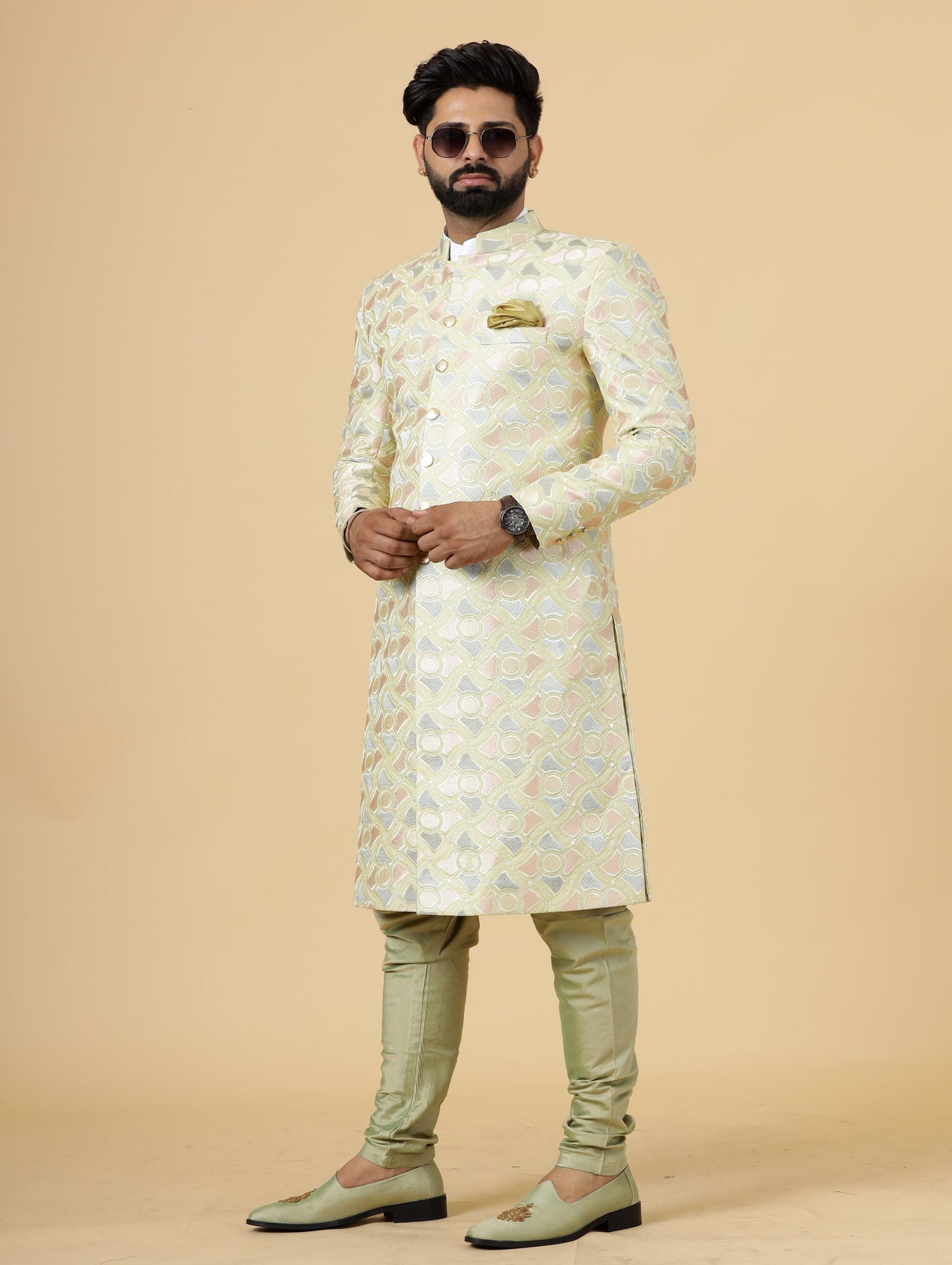 Regal Lemon-Yellow thread Embroidered Sherwani for Men | Father Son Combo | Perfect Groom Wear