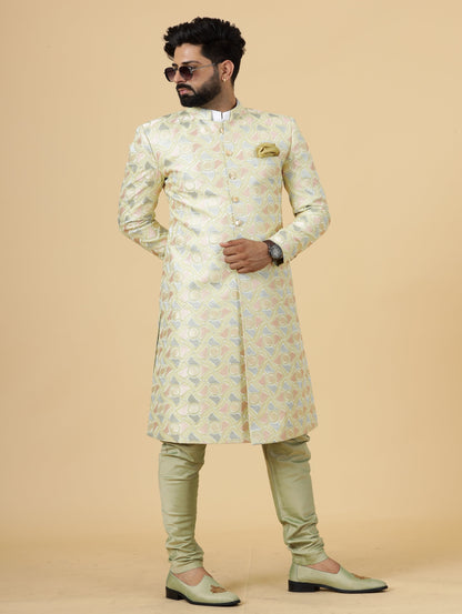 Regal Lemon-Yellow thread Embroidered Sherwani for Men | Father Son Combo | Perfect Groom Wear