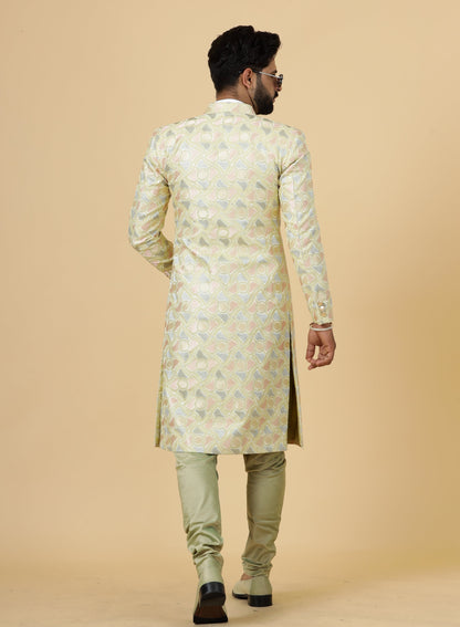 Regal Lemon-Yellow thread Embroidered Sherwani for Men | Father Son Combo | Perfect Groom Wear