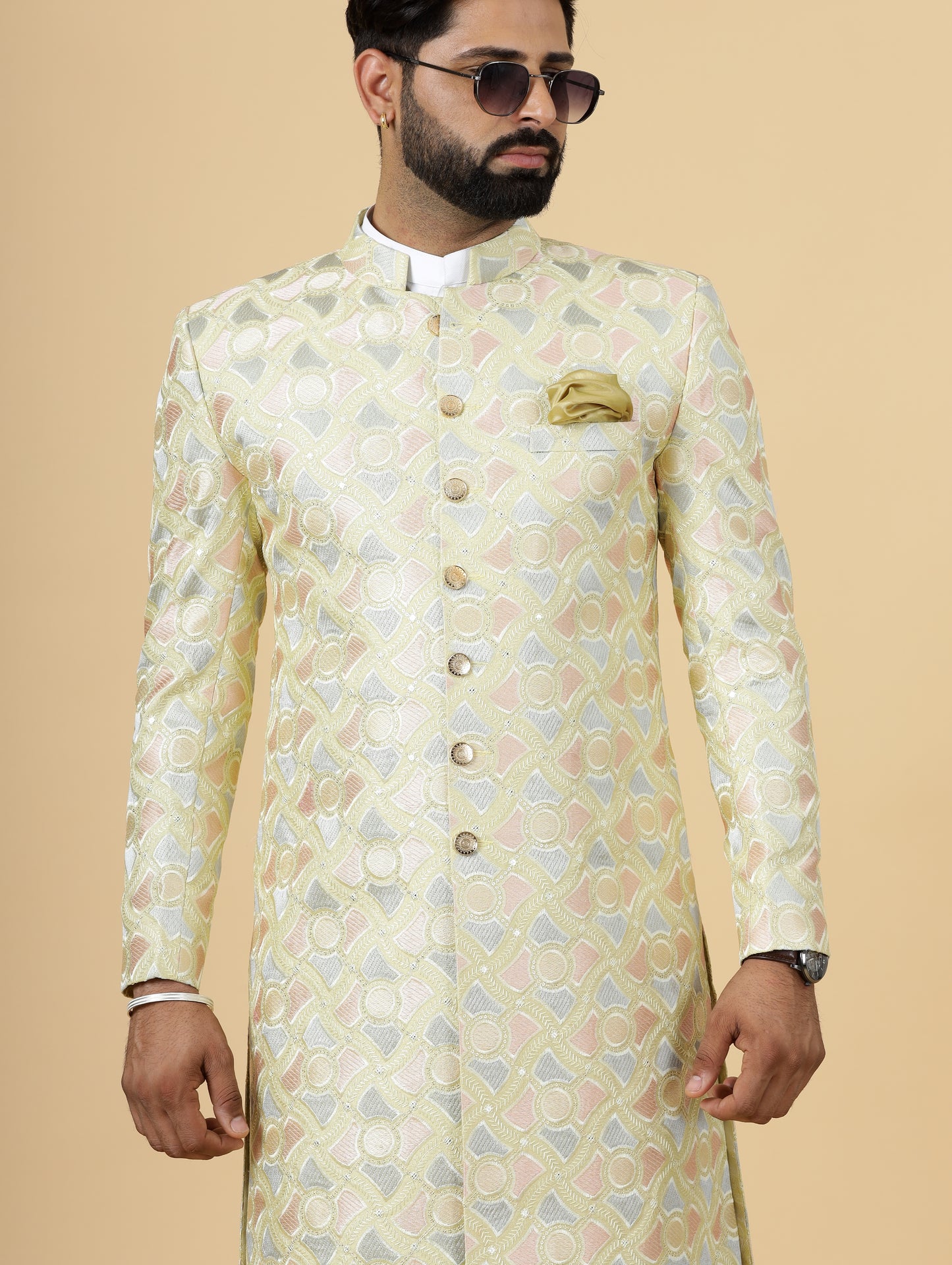 Regal Lemon-Yellow thread Embroidered Sherwani for Men | Father Son Combo | Perfect Groom Wear