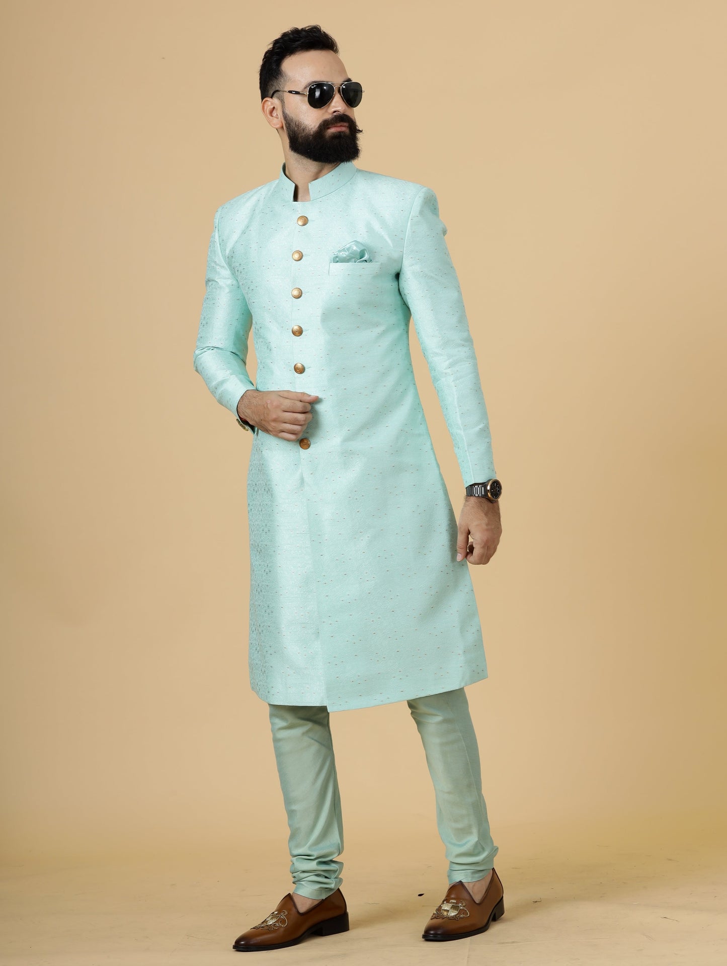 Regal Seafoam Banarasi Brocade Sherwani for Men | Father Son Combo | Perfect Groom Wear