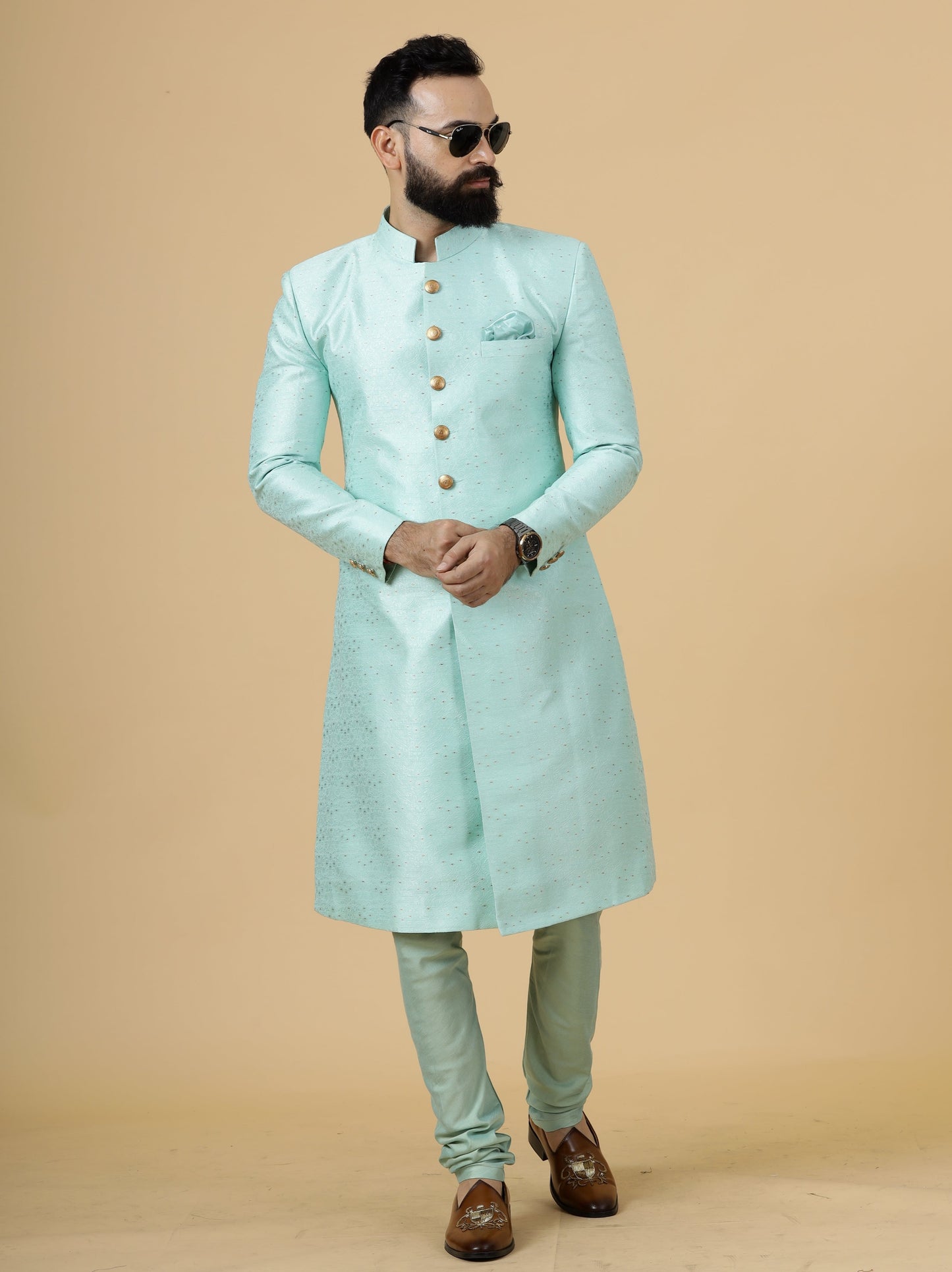 Regal Seafoam Banarasi Brocade Sherwani for Men | Father Son Combo | Perfect Groom Wear