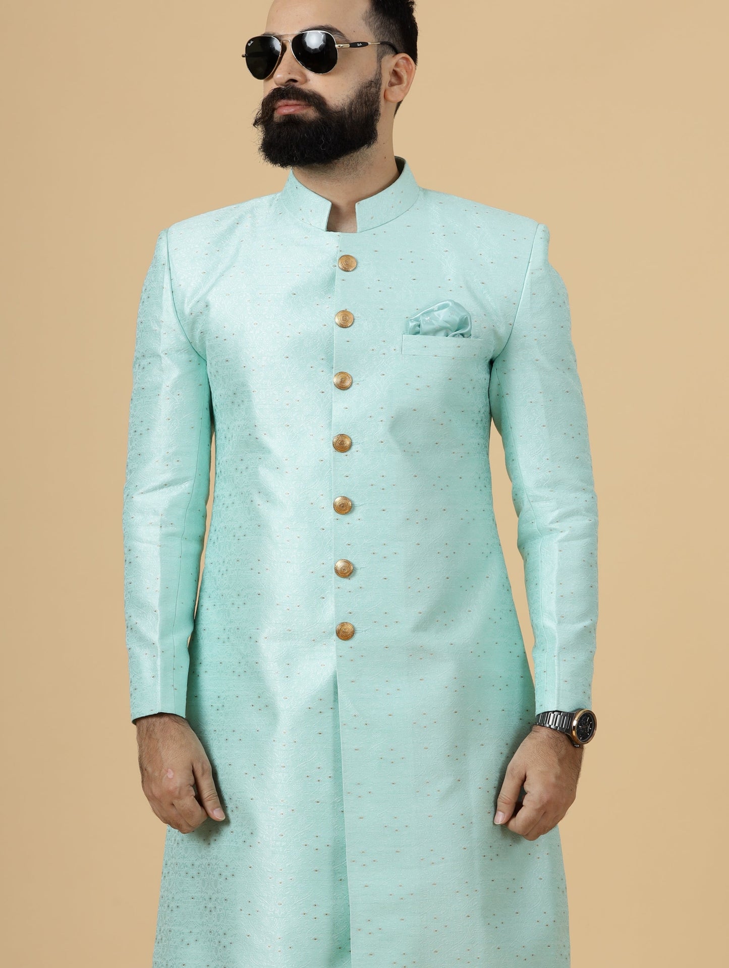 Regal Seafoam Banarasi Brocade Sherwani for Men | Father Son Combo | Perfect Groom Wear