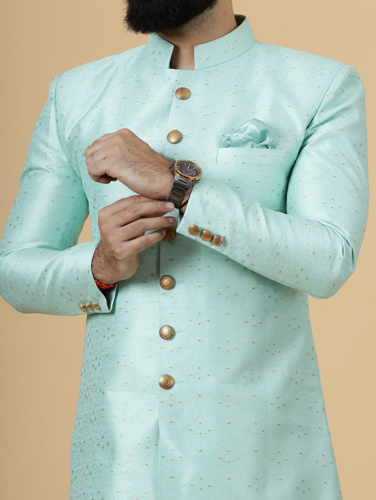 Regal Seafoam Banarasi Brocade Sherwani for Men | Father Son Combo | Perfect Groom Wear