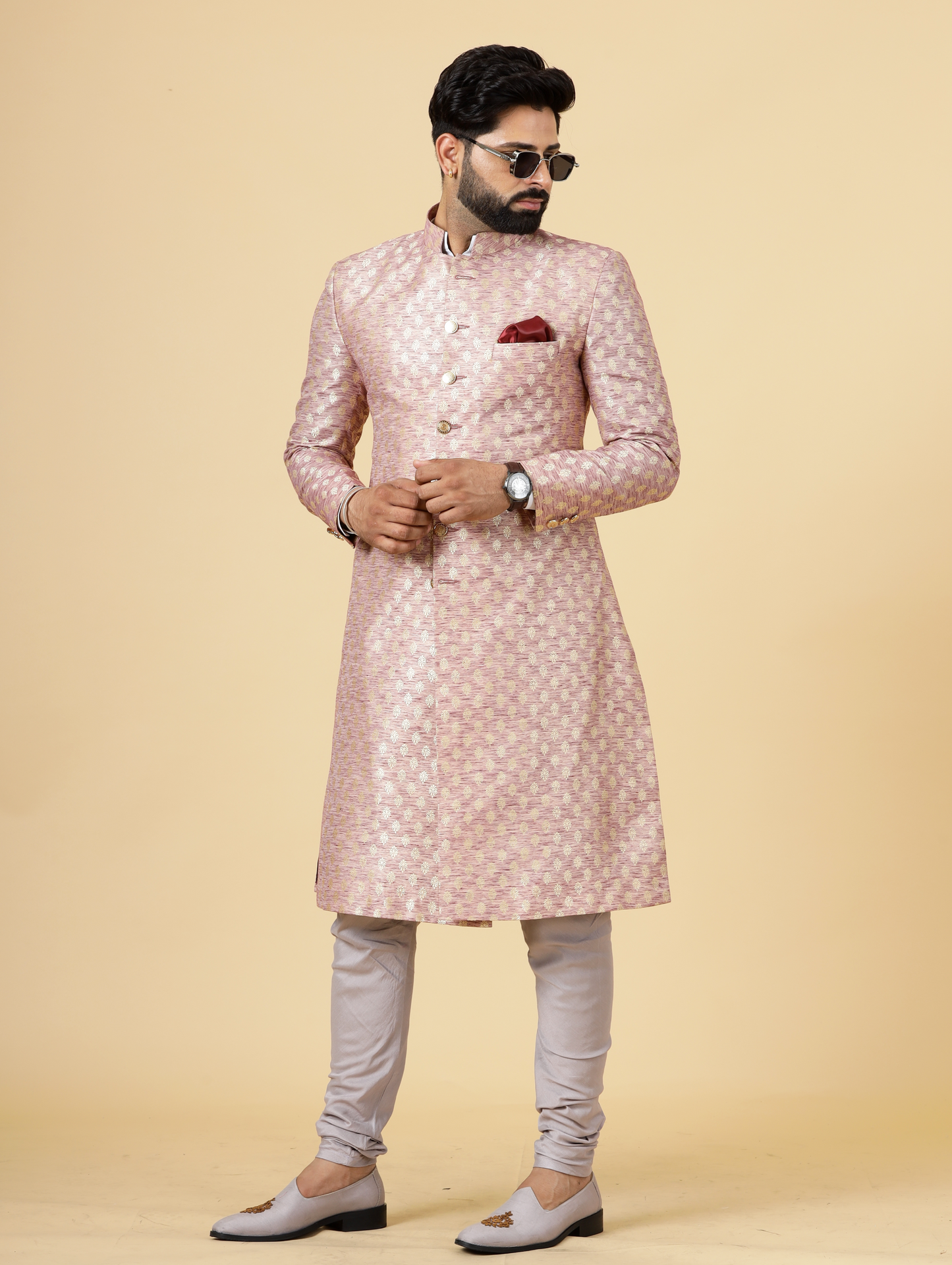 Stunning Rose Gold Banarasi Brocade Achkan for Men | Father Son Combo | Perfect for Grooms