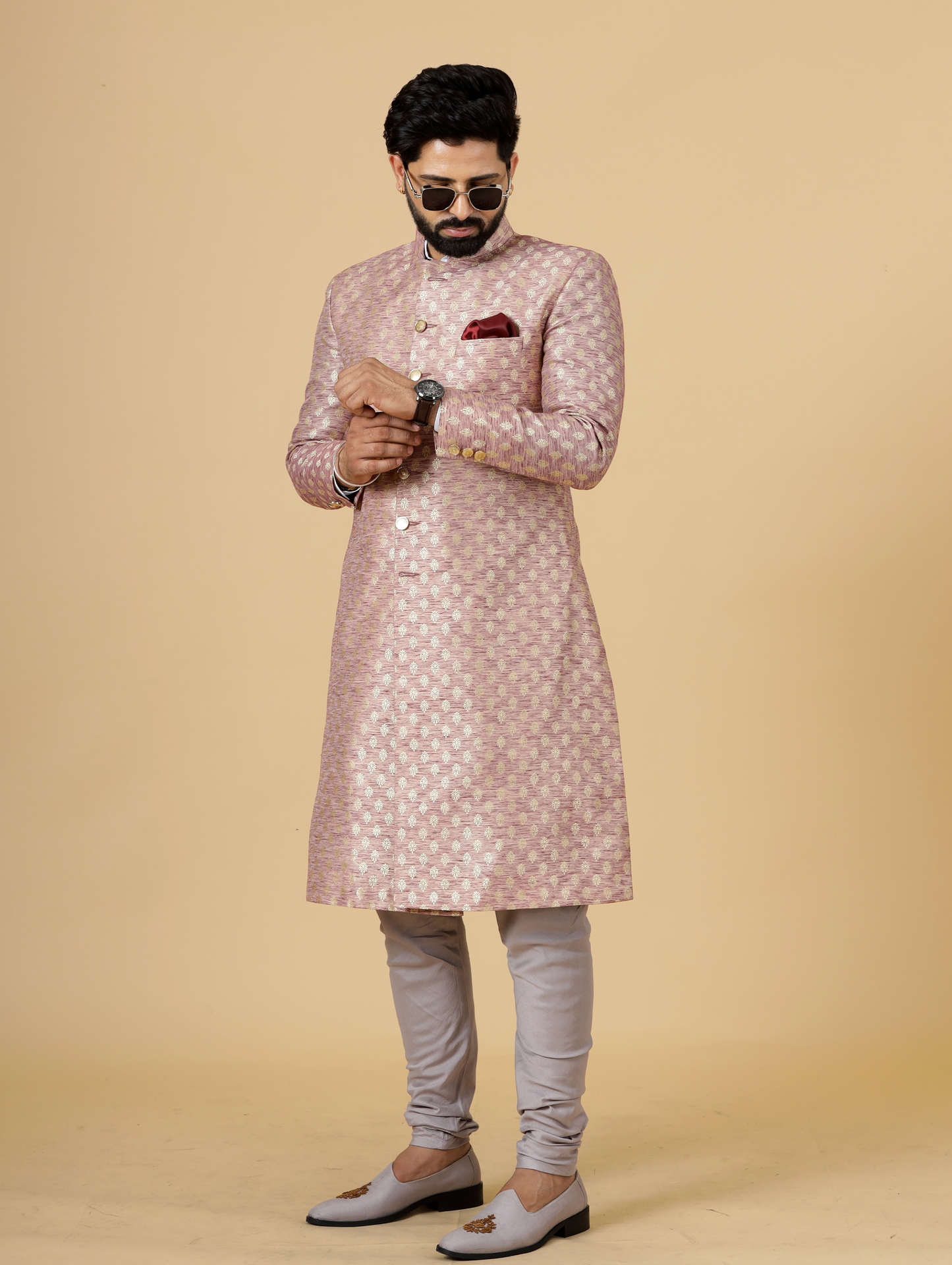 Stunning Rose Gold Banarasi Brocade Achkan for Men | Father Son Combo | Perfect for Grooms